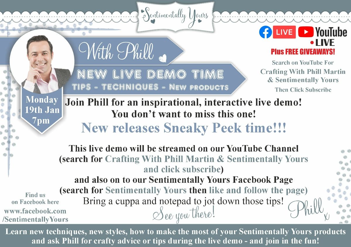 Monday Night Live -
Join Phill at 7pm tonight on the SY Facebook Page and Crafting With Phill Martin &amp; Sentimentally Yours YouTube Channel as he shares the sneaky peek of the latest products.
These will be available to pre-order after the live!
 mailchi.mp/honeypotcrafts…