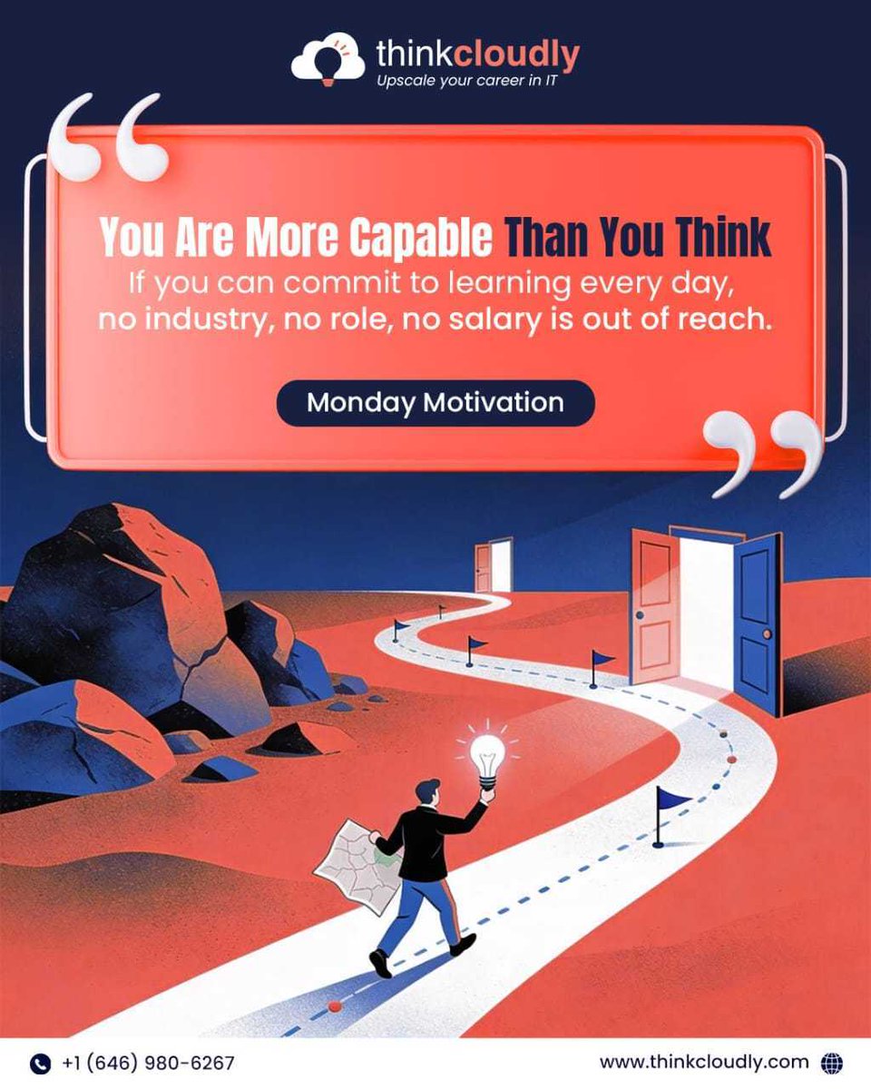 Thinkcloudly's tweet photo. You are capable of far more than you give yourself credit for.
Show up. Learn every day.
No role, no industry, and no salary is out of reach when consistency becomes your habit.
#MondayMotivation #BelieveInYourself #CareerGrowth #thinkcloudly https://t.co/k7Iw0MIeGY