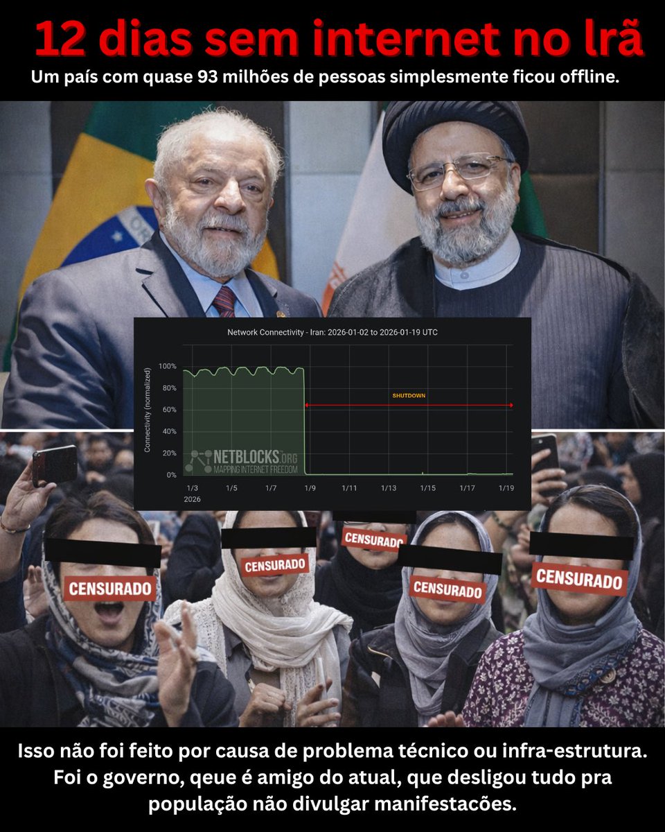 12 dias sem internet no Irã.

Um país com quase 93 milhões de pessoas simplesmente ficou offline.

Isso não aconteceu por falha técnica, desastre natural ou problema de infraestrutura.
Foi uma decisão deliberada do regime iraniano.

O governo desligou a internet para impedir que