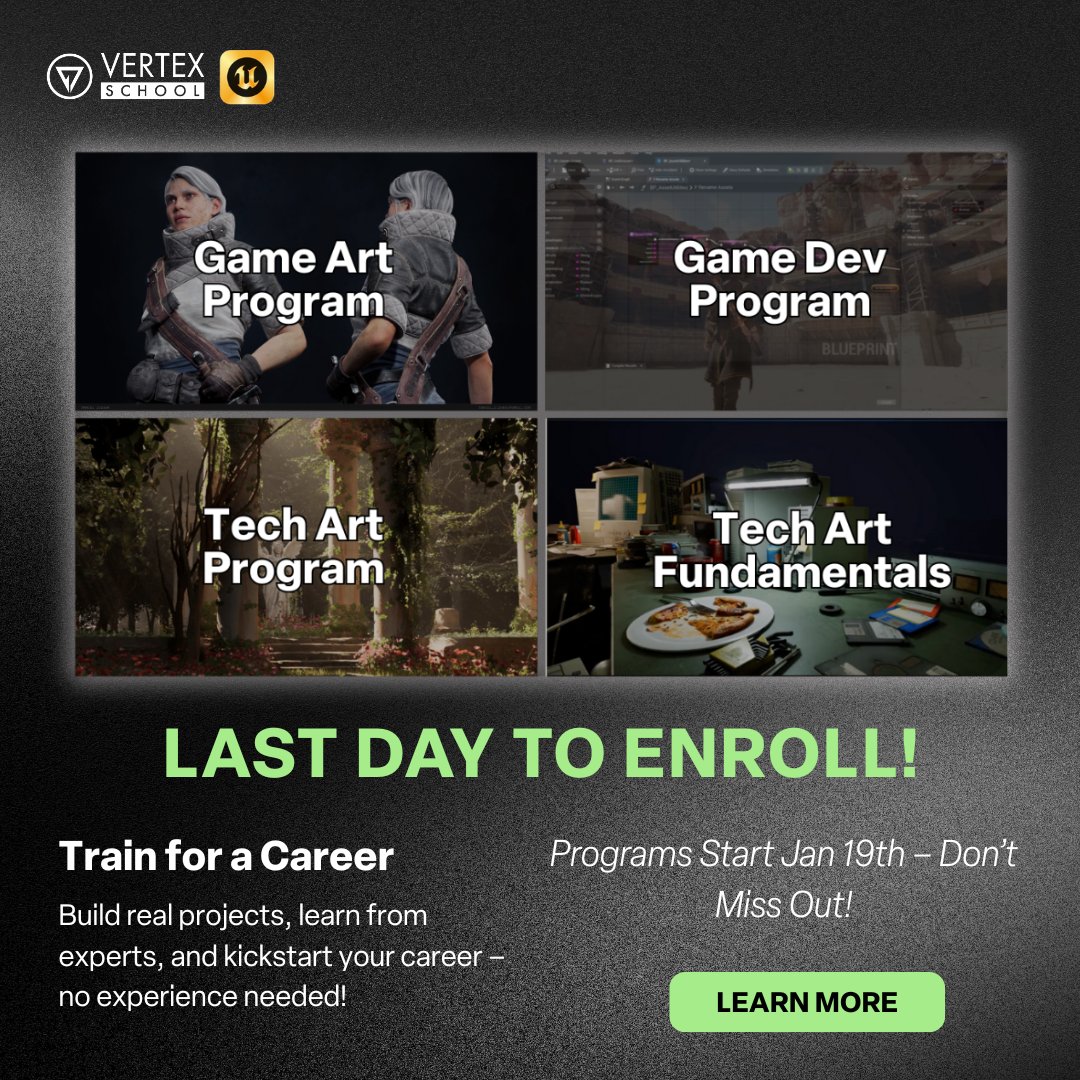 🎯 Last Day to Enroll in Vertex School Programs!

🎟️ Apply here: vertexschool.com/course-catalog

#techart #techartist #technicalart #gameart #gamedev #gamedevelopment #environmentart #3dart #vfxartist #ue5 #vertexschool #unrealengine #studentartwork #gameartist #blender #zbrush #c++