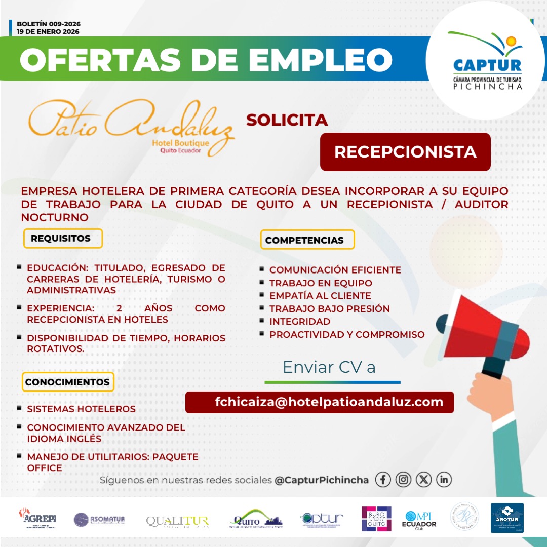 ✨ ¡Impulsa tu carrera en hotelería! 🏨
Buscamos Recepcionista / Auditor Nocturno con experiencia e inglés.
Forma parte de uno de los hoteles más emblemáticos de la ciudad.
📧 Envía tu CV a: fchicaiza@hotelpatioandaluz.com
📌 Asunto: Recepcionista / Auditor Nocturno
#sihaytrabajo