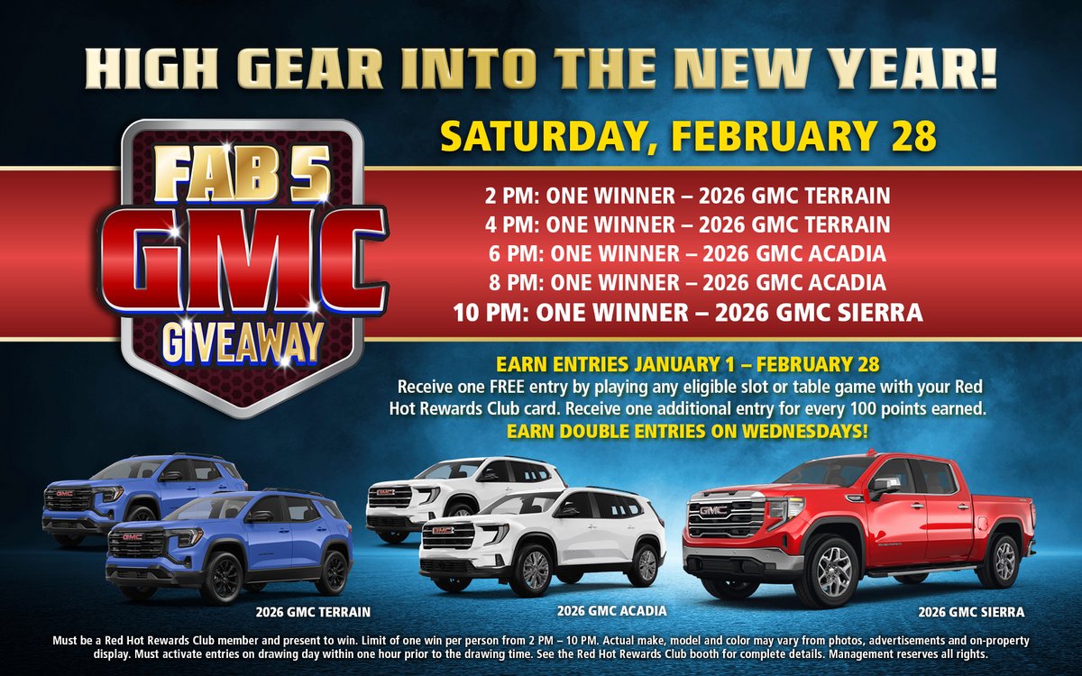 FireKeepers's tweet image. Start the year chasing something incredible. Fab 5 GMC Giveaway is in motion