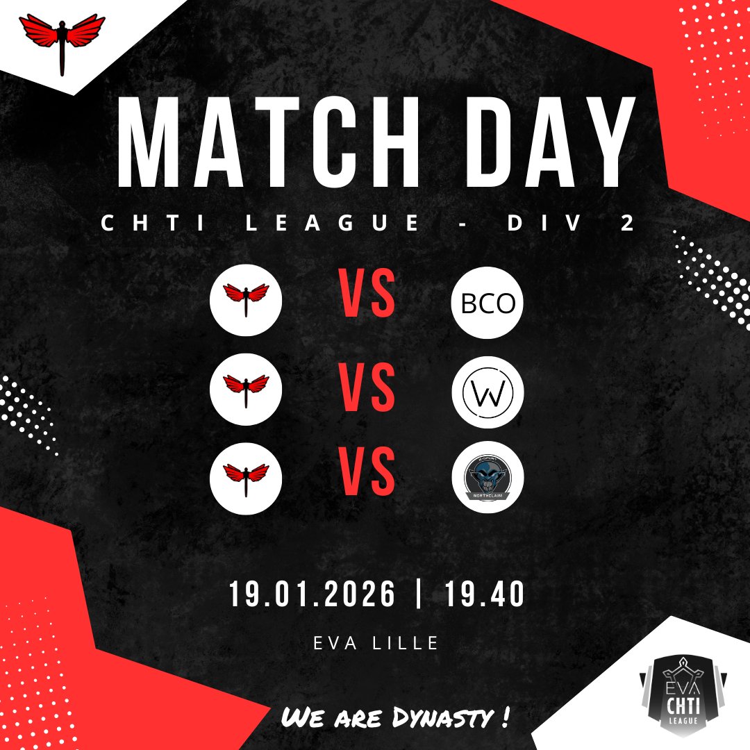 🔥 Début de la saison 2026 pour EVA 🔥
On démarre cette saison en division 2 face à BrewCrew Offi, WeSyn Rocket et NorthClaim D ce soir dès 19h40 en live sur twitch 😀 (twitch.tv/EVALille)
#DYNWIN #WeArdDynasty #MatchDay #ChtiLeague #EVA