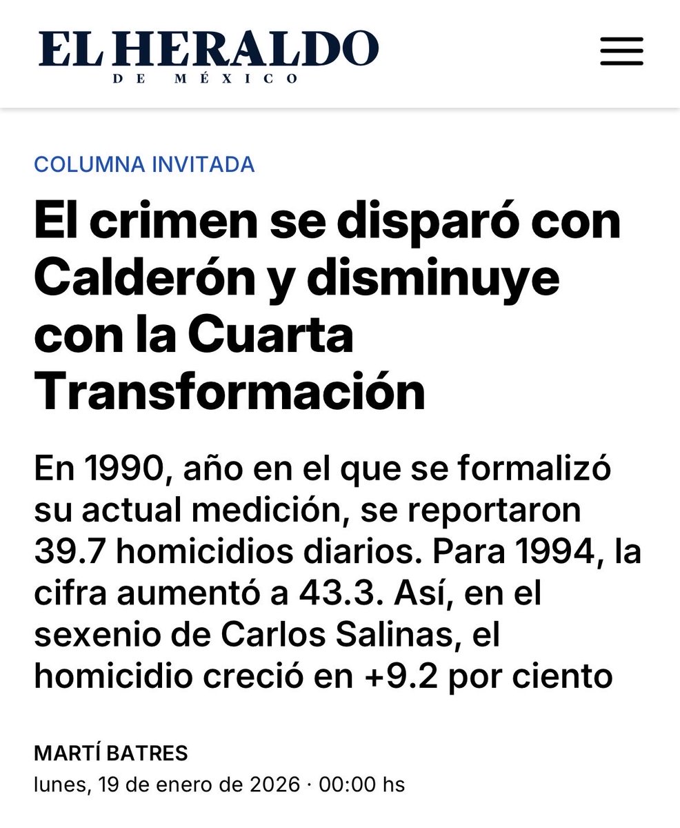 En el sexenio de Felipe Calderón, el homicidio creció en un +192.8%. Con Enrique Peña Nieto, hubo un incremento de +59%. En el sexenio de Andrés Manuel López Obrador, hubo una disminución de -9%. Claudia Sheinbaum, en 2025, lleva una disminución de -30%.

heraldodemexico.com.mx/opinion/2026/1…