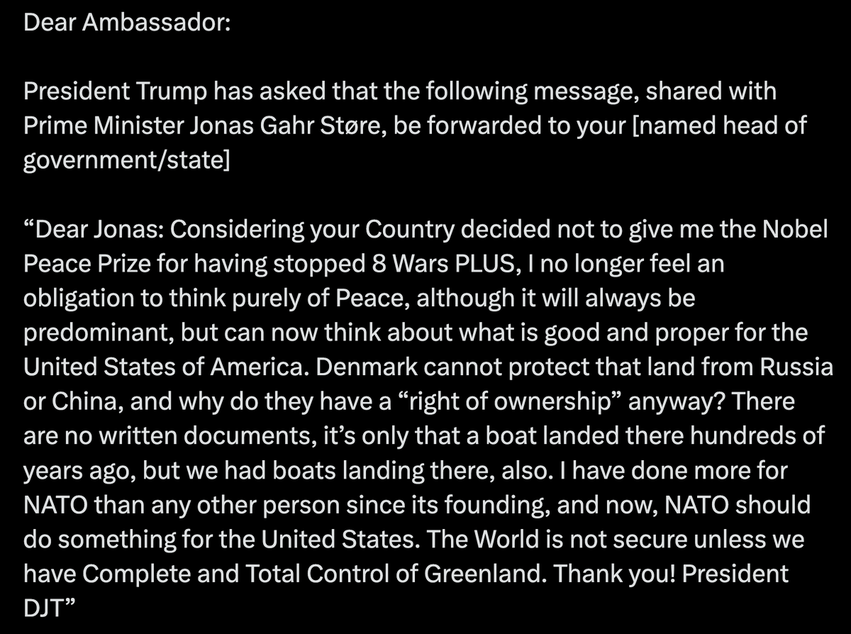 gregjwelsch's tweet photo. He is mentally gone. Period. He actually wrote this to the Prime Minister of Norway, a sovereign nation, that has nothing to do with the Nobel. He is delusional. Truly a danger. There is no ignoring or "whatabouting" this. If you do, you are "Jim Jones Kool Aid" deep in the cult. https://t.co/FYd9P9EXhG