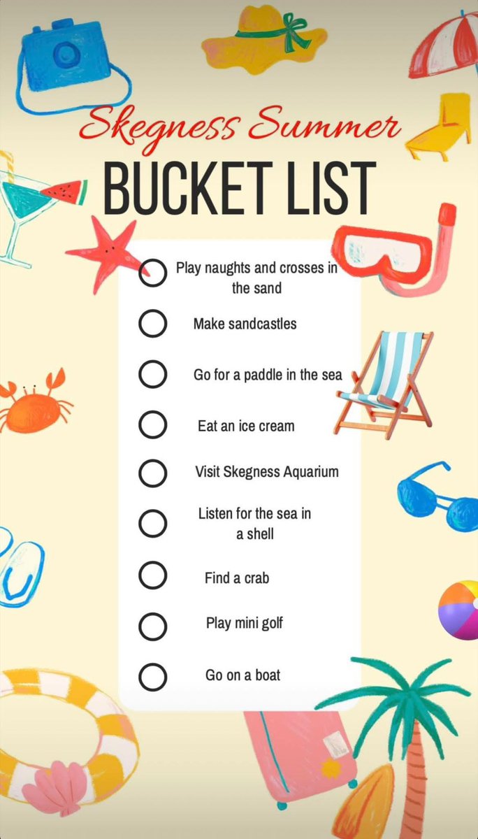 LockUpLuggage's tweet photo. ✨ Skegness Summer Bucket List ✨ 

Saw this somewhere last year and just saw it in my camera roll so thought I’d share it ☺️

Roll on summer 2026 ❤️ #skegness #summer #smallbusiness https://t.co/GRMuSQWbqk