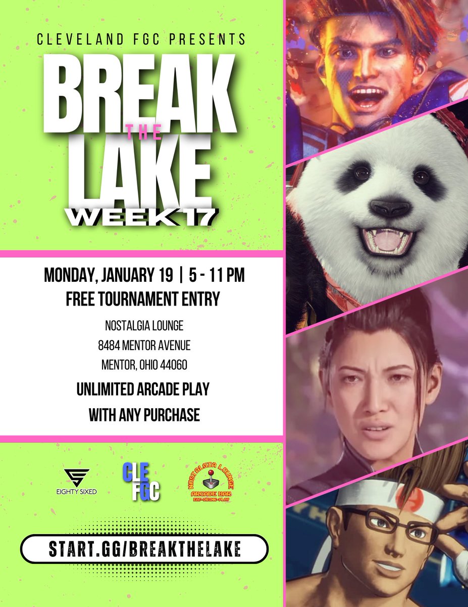TheKompetitor's tweet photo. CLEVELAND, OH

Break the Lake: Week #17 https://t.co/0Ysa86aBWF 

Tonight starting at 6pm, we have tournaments for 4 games &amp; all are FREE entry! Get some offline practice before Frosty Faustings!

Games: SF6/COTW/T8/MK1

All grand finals are streamed

#SupportYourLocals #OhioFGC https://t.co/8qqaTpSMts