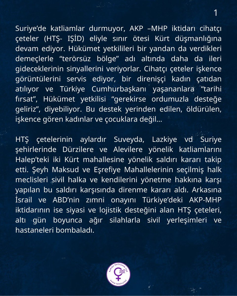 inisiyatif2025's tweet photo. Uluslararası kadın dayanışması/feminist dayanışmayla, HTŞ çetelerinin Suriye’de Kürtlere, Alevilere, Süryanilere ve Dürzilere karşı açtığı savaşın ve yaptığı katliamların durdurulması için ses vermeye çağırıyoruz.

Barışa İhtiyacım Var Kadın İnisiyatifi https://t.co/6AykPL8joH