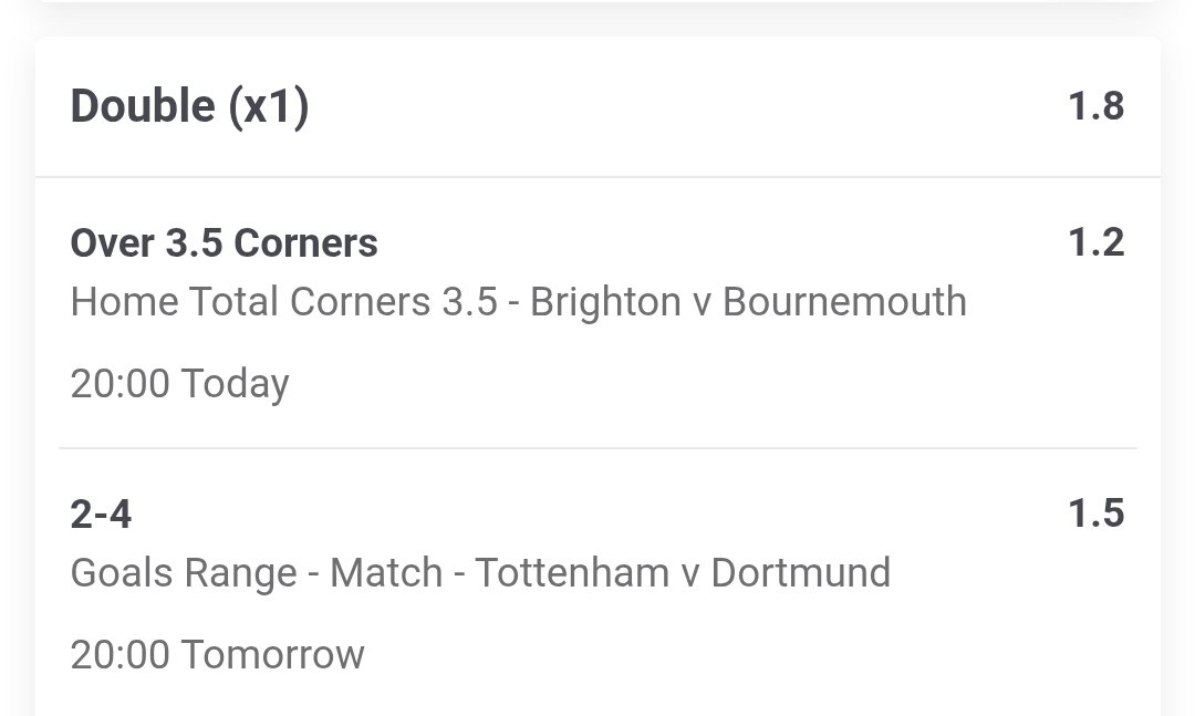 FootProTips's tweet photo. Brighton v Bourenmouth games can be tight affairs, but both recently have shown real attacking intent. We expect Brighton to clock up the corners required. Spurs are injury ravaged, but a game with Dortmund usually spells each side to trade. We like the 2-4 range tomorrow. https://t.co/44hwtQOiIA