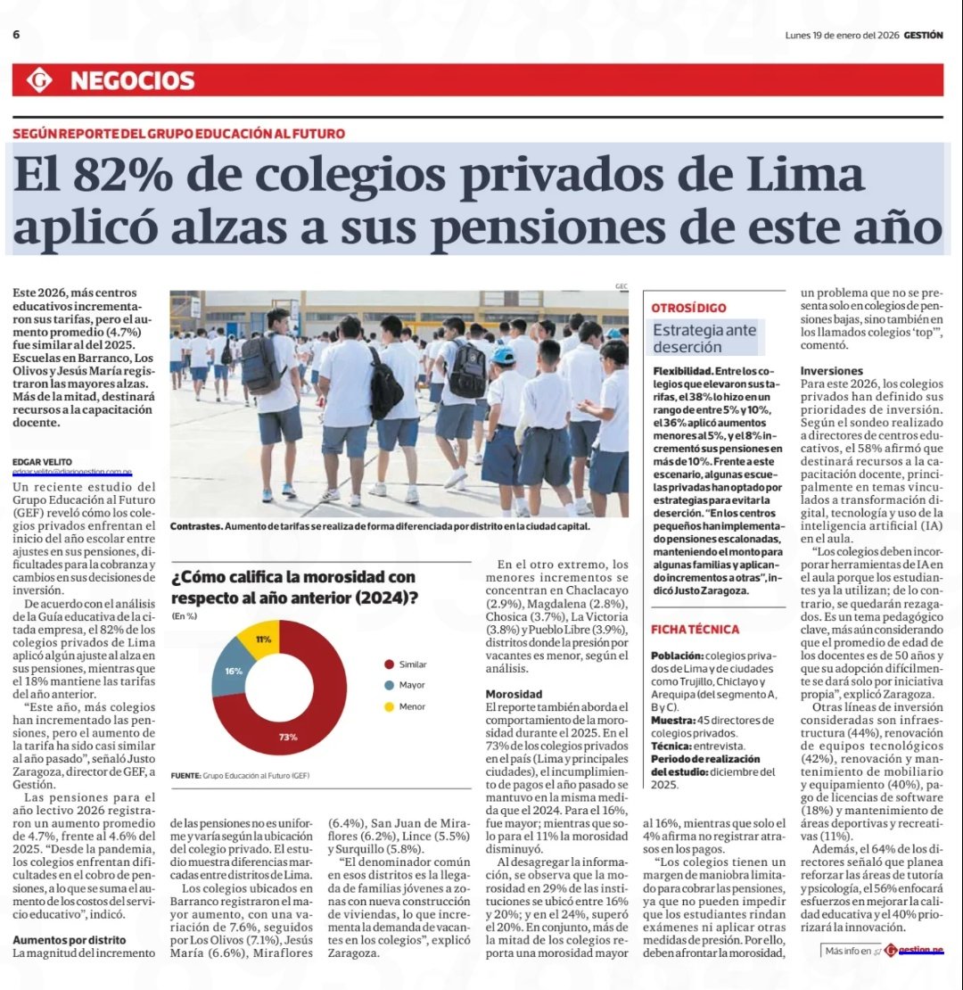 Y llegó la realidad Limeña.
Y es que el aumento promedio fue de 4.7% frente al 2025, donde las escuelas de Barranco, Los Olivos y  Jesús María fueron los que registraron una mayor alza.
Hoy en Gestión