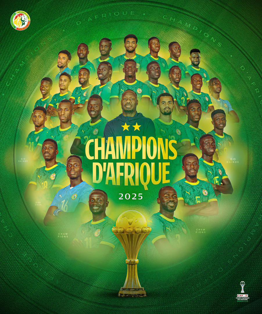 Prabkandji's tweet image. #CAN2025 🌟🌟🇸🇳🦁🏆
Cette victoire du Sénégal est l’aboutissement d’un travail rigoureux, d’une résilience exemplaire et d’un esprit d’équipe remarquable. 

Vous honorez la Nation et inspirez durablement notre jeunesse ainsi que la communauté universitaire. 
Félicitations aux…