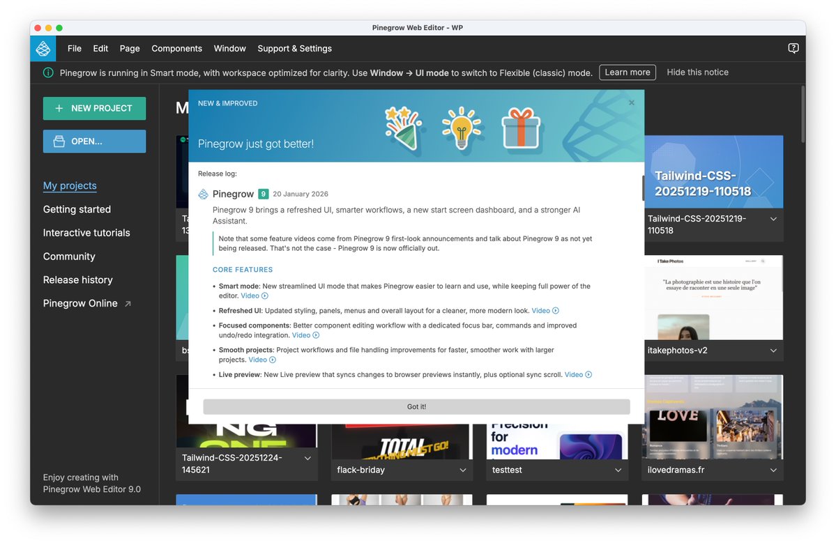 pinegrow's tweet image. Coming (very) soon : Pinegrow 9 New Smart Mode for easier workflows, refreshed modern UI, smoother project handling, instant Live Preview, redesigned start dashboard, stronger component editing, smarter AI assistant &amp;amp; improved Tailwind tools. Faster. Cleaner. Smarter. #webdesign
