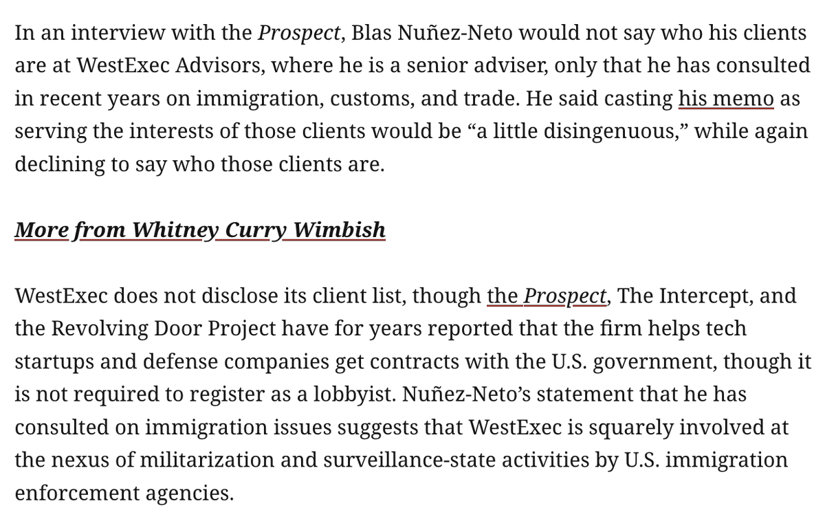 ddayen's tweet image. The author of a controversial memo from centrist group Searchlight telling Democrats to abandon the slogan “Abolish ICE” is a consultant for WestExec, a shadow lobbyist for corporations in the defense, surveillance, &amp;amp; immigration enforcement industries.
prospect.org/2026/01/19/aut…