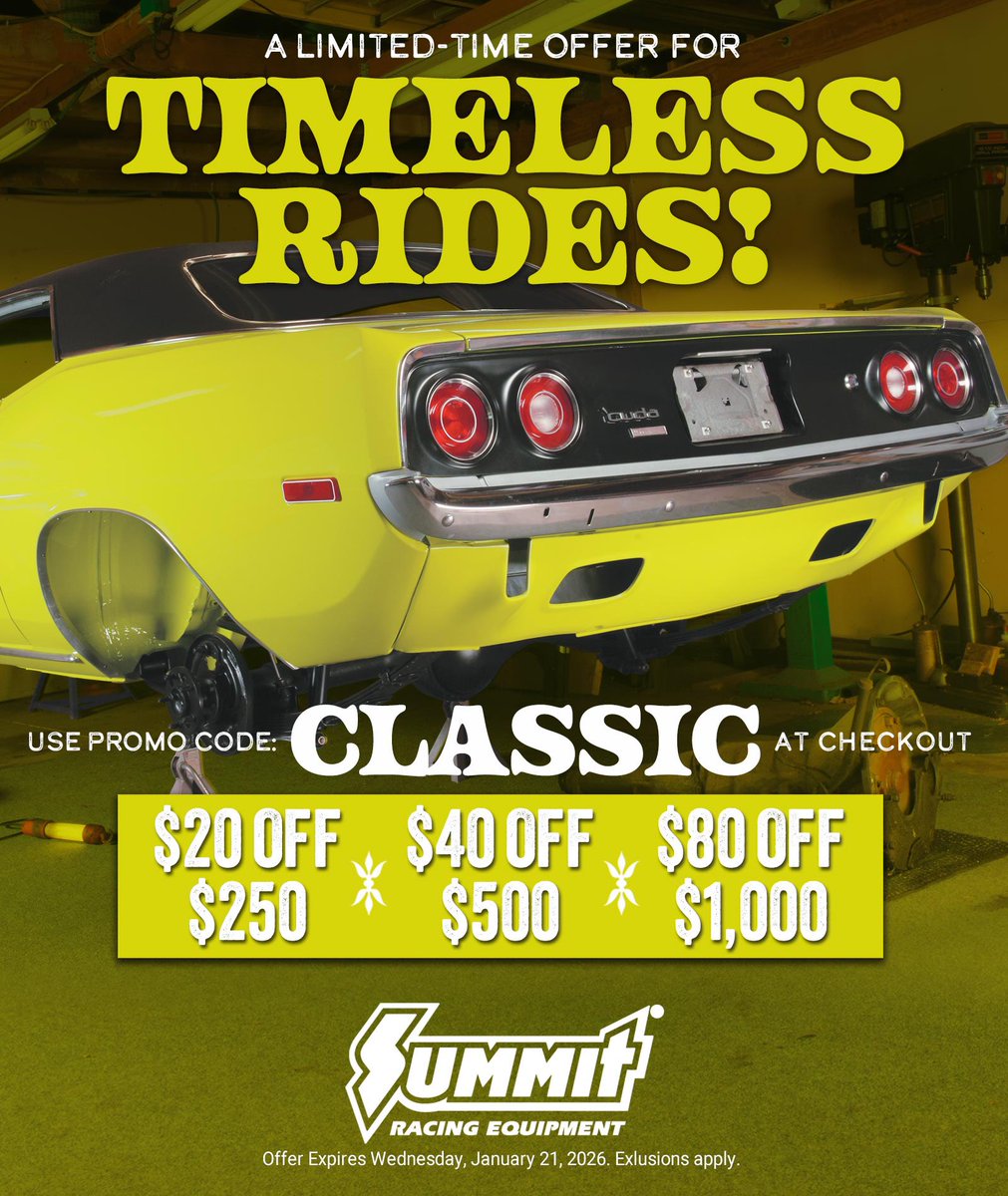 SummitRacing's tweet image. It’s time to get those builds moving! Promo code expires on Wednesday, January 21, 2026! #PromoCode #SummitRacing #Savings