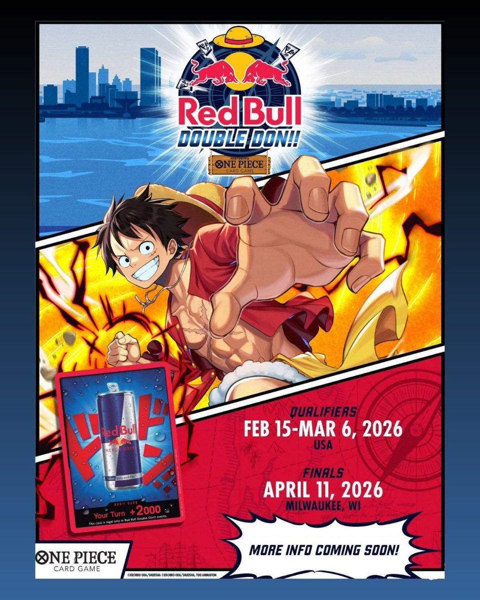 LogiaOPTCG's tweet photo. New DON!! card in collaboration with RedBull 🚀. 
This card is part of a special edition and legal to play for specific RedBull events only. 

I guess we will be getting more information soon... 

#OPTCG #ONEPIECE #ONEPIECECARDGAME #ONEPIECETCG #REDBULL https://t.co/aw4tZvzwvB