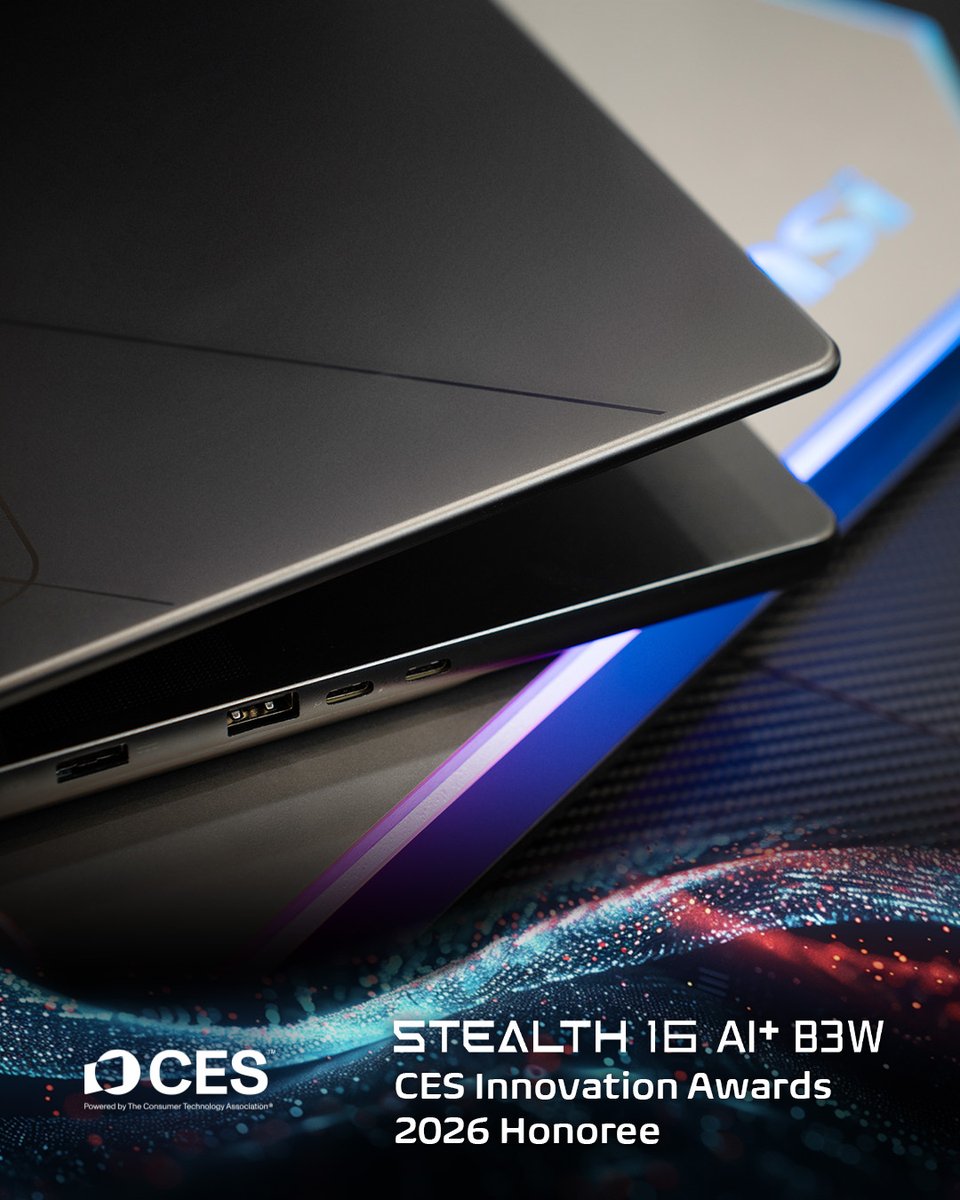 MSI__UK's tweet image. Did you know that the Stealth 16 AI+ B3W won the #CES Innovation Awards 2026 honoree?🏆

Its brand-new design brings a sleek profile and smooth, refined contours from every angle, paired with the latest Intel Core Ultra processor and @NVIDIAGeForce RTX50 Series Laptop GPU.