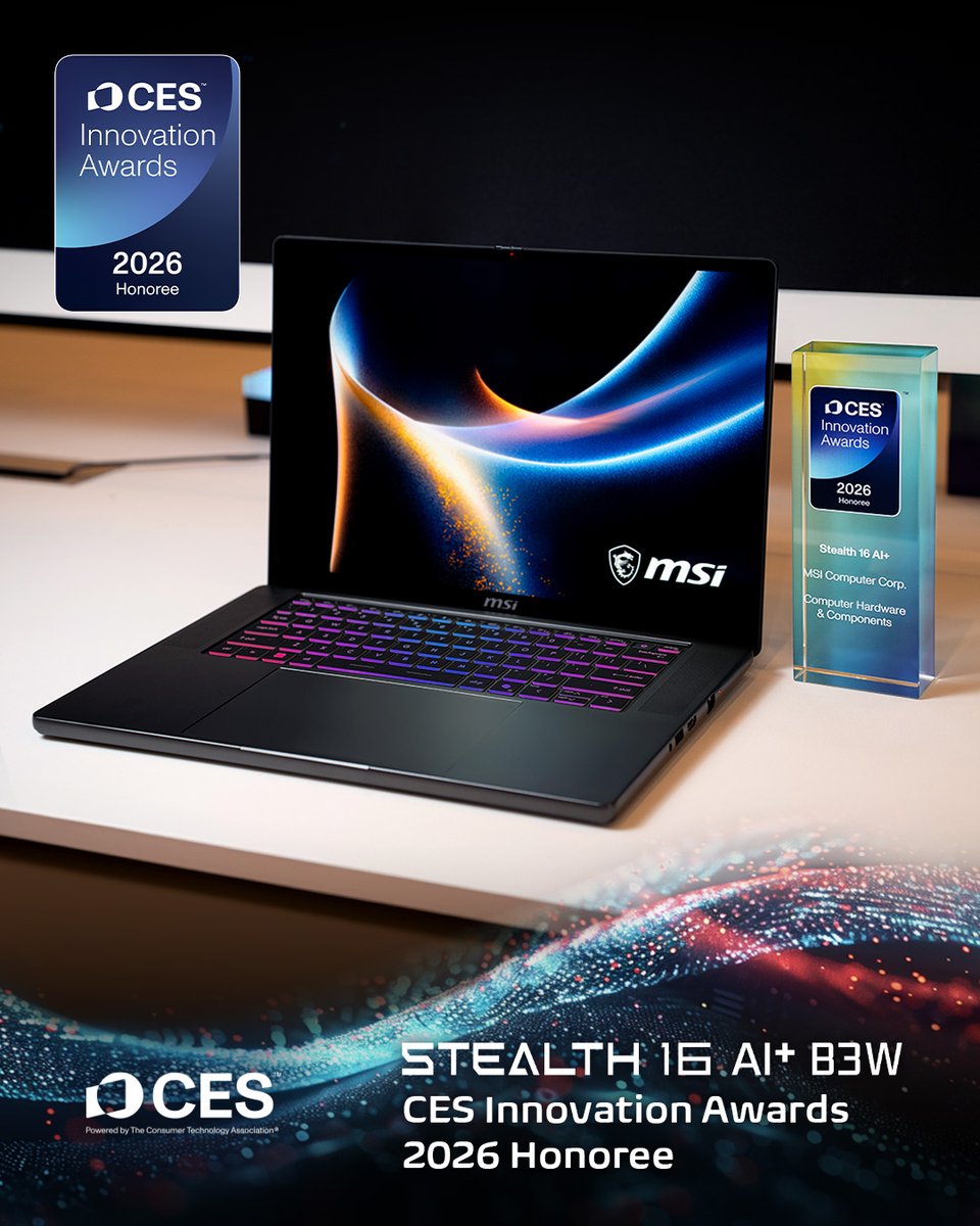 MSI__UK's tweet image. Did you know that the Stealth 16 AI+ B3W won the #CES Innovation Awards 2026 honoree?🏆

Its brand-new design brings a sleek profile and smooth, refined contours from every angle, paired with the latest Intel Core Ultra processor and @NVIDIAGeForce RTX50 Series Laptop GPU.
