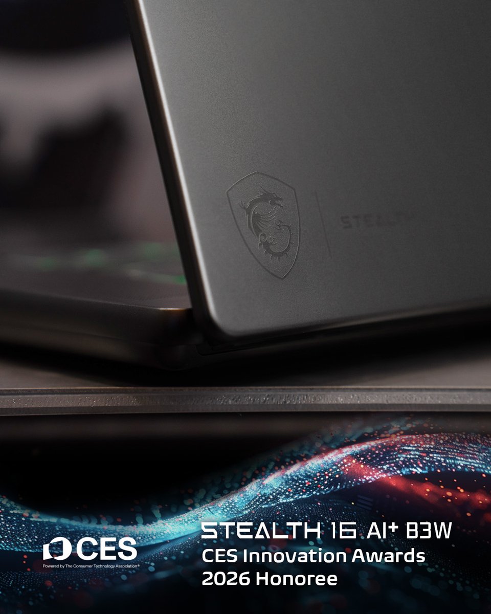 MSI__UK's tweet image. Did you know that the Stealth 16 AI+ B3W won the #CES Innovation Awards 2026 honoree?🏆

Its brand-new design brings a sleek profile and smooth, refined contours from every angle, paired with the latest Intel Core Ultra processor and @NVIDIAGeForce RTX50 Series Laptop GPU.