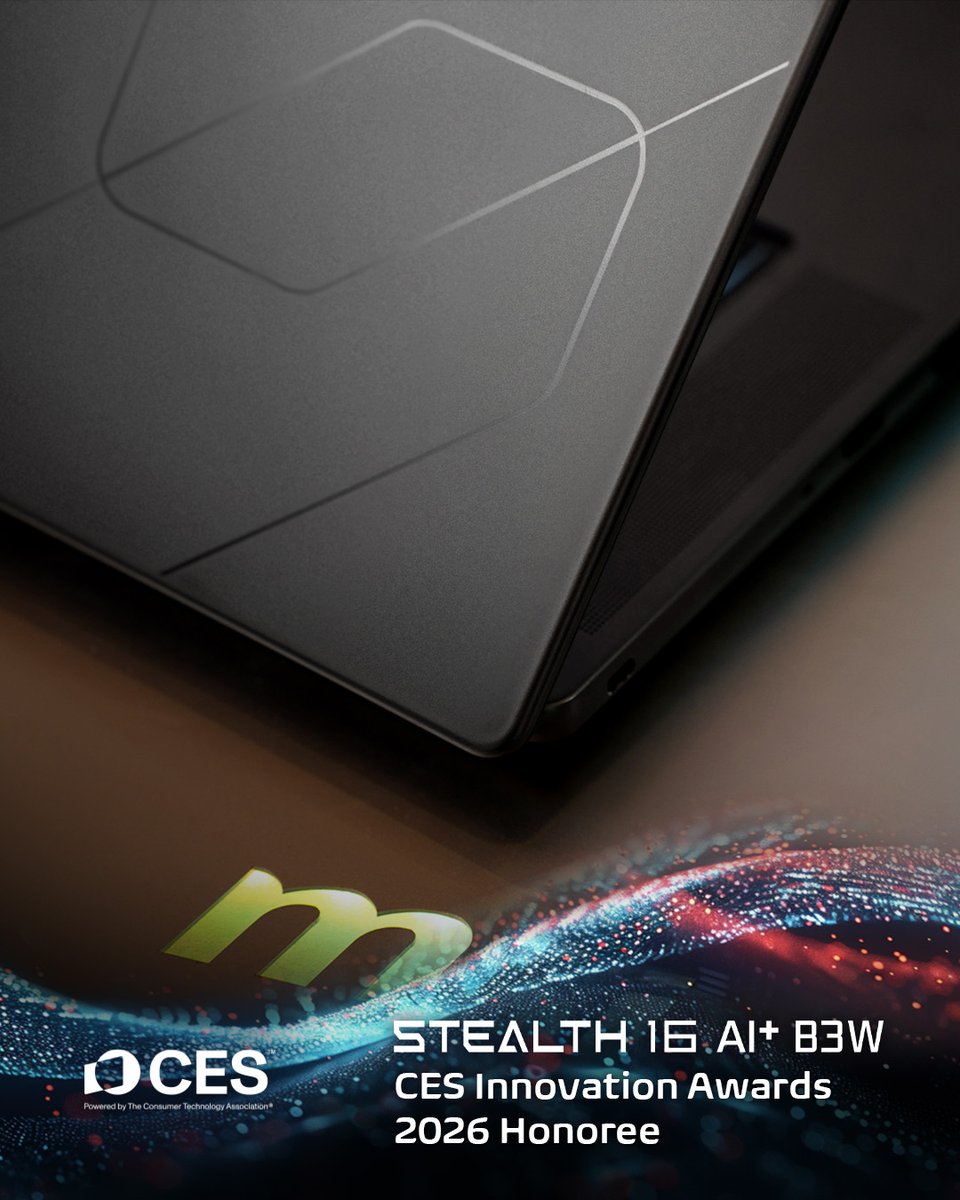 MSI__UK's tweet image. Did you know that the Stealth 16 AI+ B3W won the #CES Innovation Awards 2026 honoree?🏆

Its brand-new design brings a sleek profile and smooth, refined contours from every angle, paired with the latest Intel Core Ultra processor and @NVIDIAGeForce RTX50 Series Laptop GPU.