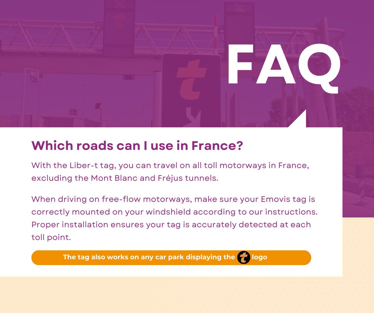 EmovisTag's tweet photo. Got questions about driving on French motorways? 🇫🇷🚗
Use your Liber-t tag and make sure your journeys stay smooth on both traditional and free-flow toll roads. Proper tag placement is key to hassle-free travel, check out the FAQ for all the details!
#TravelTips #DrivingInFrance https://t.co/tmIbMafxlH