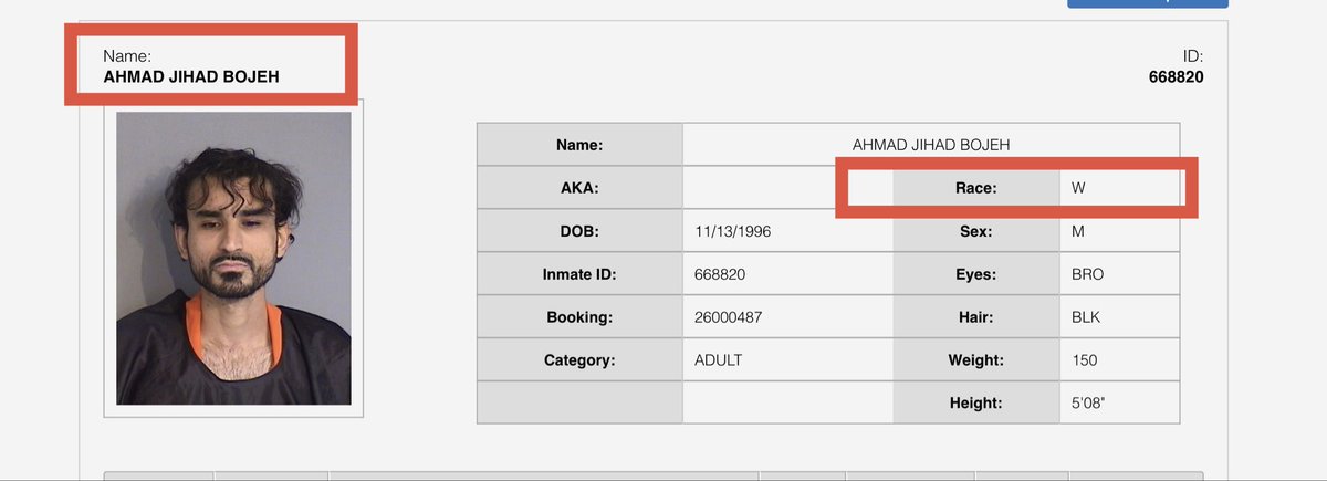 Hi <a href="/OsceolaSheriff/">Osceola County Sheriff's Office</a> 

Why does the <a href="/OsceolaSheriff/">Osceola County Sheriff's Office</a> database have this brown Muslim’s race listed as WHITE? 

Ahmad Jihad Bojeh murdered 3 innocent people near Disney World this weekend in what is being called a completely “random attack”, and now he’s being listed as “White”?

 3