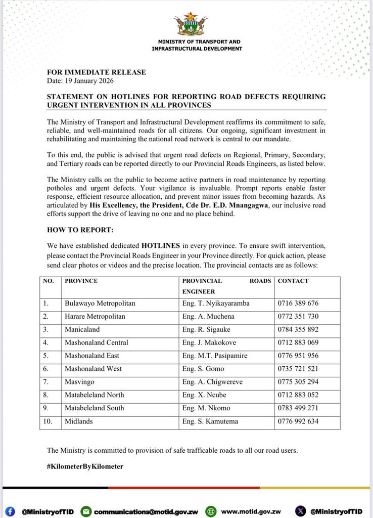MinistryofTID's tweet image. We need your help to keep our roads safe!  Partner with the Ministry of Transport and Infrastructural Development to report potholes and road defects in your area. Send clear photos/videos and the exact location to our Provincial Roads Engineers listed below👇🏾.
#ReportRoadIssues…