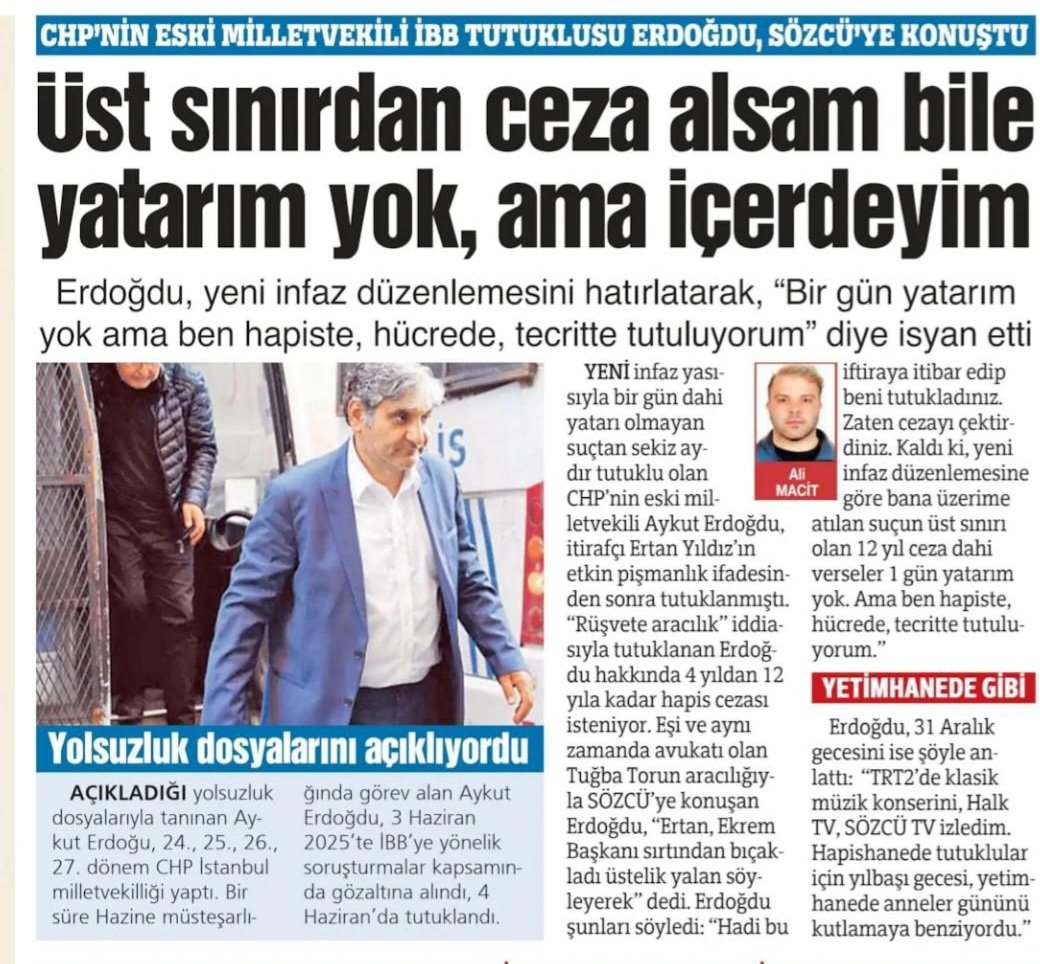 Müvekkilim, dostum Aykut Erdoğdu 7,5 aydır cezaevinde tutuluyor.
Ama haksızlığa, hukuksuzluğa karşı aslan gibi direniyor.
Sözcü gazetesindeki beyanatını okumanızı öneririm. 
<a href="/aykuterdogdu/">Aykut Erdoğdu</a>