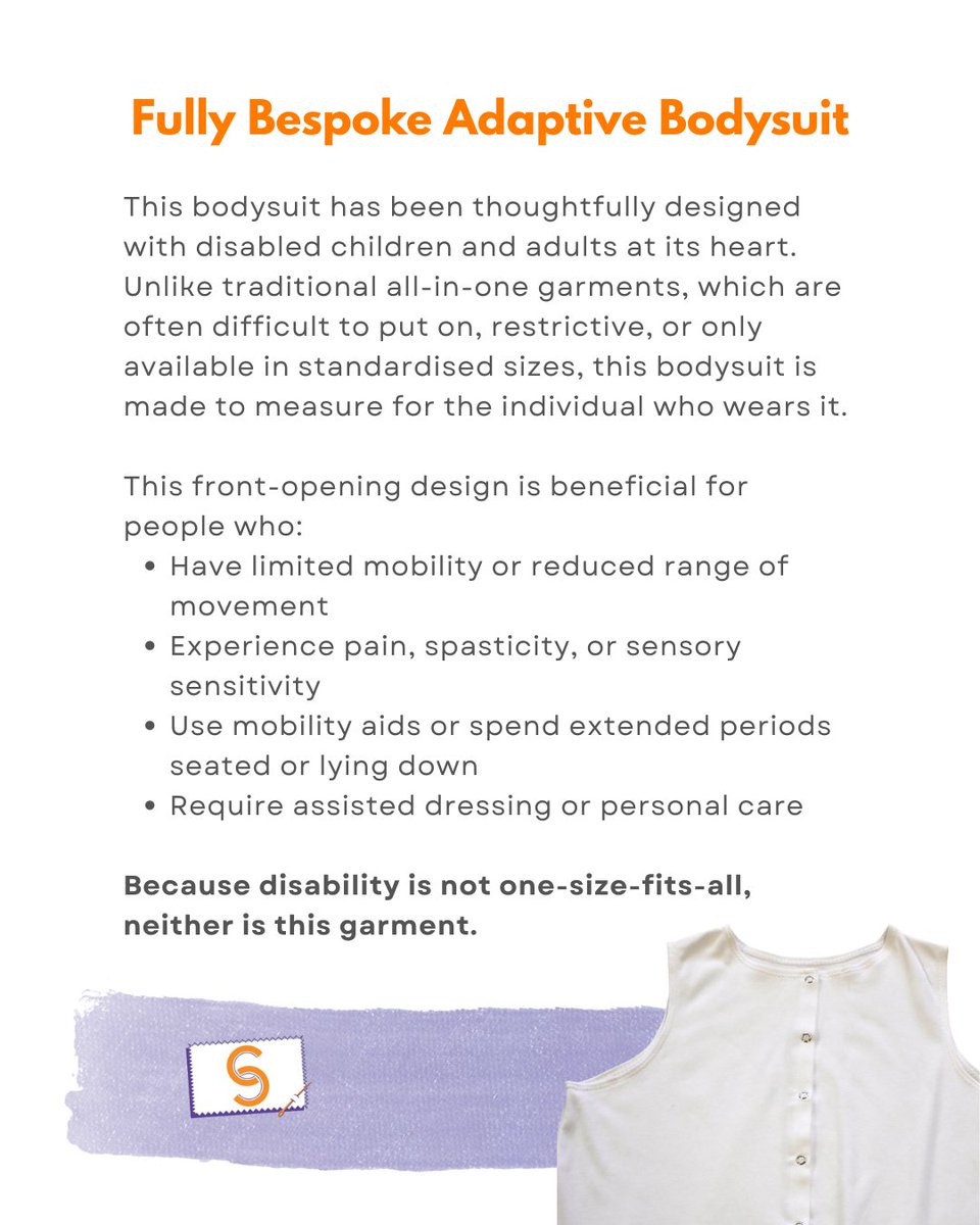 clothingsdp's tweet photo. Adaptive clothing shouldn’t be one-size-fits-all.
Our bespoke bodysuit for disabled children &amp; adults features:
✔ Front-opening poppers
✔ Lower poppers for toileting
✔ Made-to-measure sizing
✔ Designed to fit around the person with dignity
#AdaptiveClothing #InclusiveDesign https://t.co/EM5ShI73lW