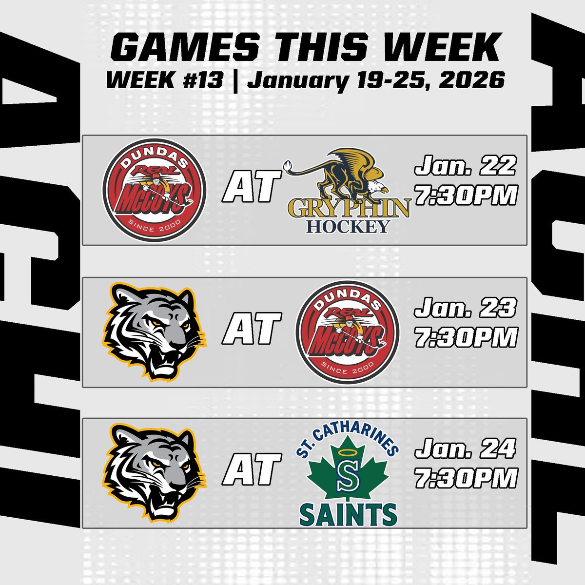 TheACHL1890's tweet photo. Three nights. Three matchups. One big week of ACHL hockey! 🔥
Week 13 features the @DundasRealMcCoy, @GryphinsACH, @SCTigershockey, and St. Catharines Saints in key matchups — all at 7:30 PM.
#ACHL #AllanCupHockey #SeniorAAA #Hockey #HamOnt #StCatharines https://t.co/EFoqGeZ0Lg