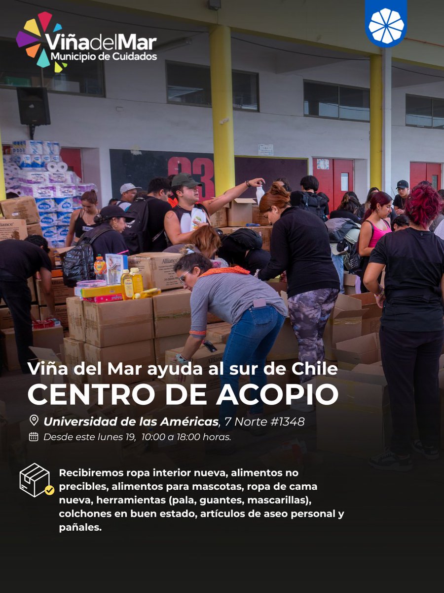 Viña se une en apoyo al sur 🤍
El Municipio habilitó un centro de acopio para ayudar a las familias afectadas por los incendios en Biobío y Ñuble.

📍 Universidad de las Américas (7 Norte 1348)
🗓️ Lunes 19 al viernes 23 de enero | ⏰ 10:00 a 18:00

Tu ayuda es fundamental💪