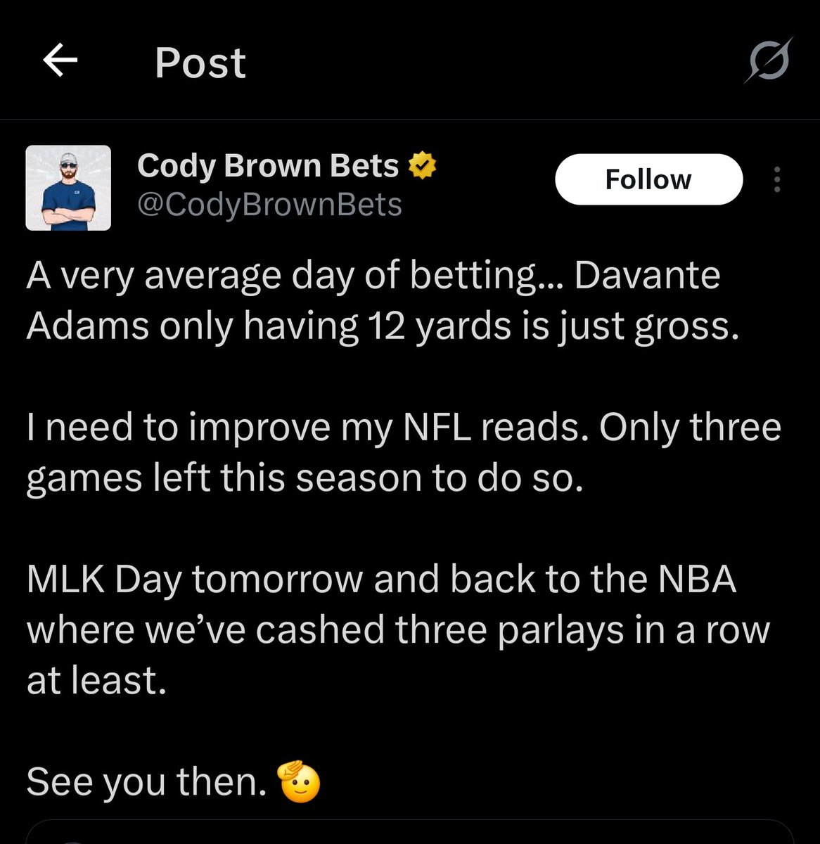 MoneyBallHitMan's tweet photo. @CapperLedger @CodyBrownBets says it was an average day lmao. A little too late in the season to improve his reads but he's filled his own pockets from FD. https://t.co/tFFltxgoRp
