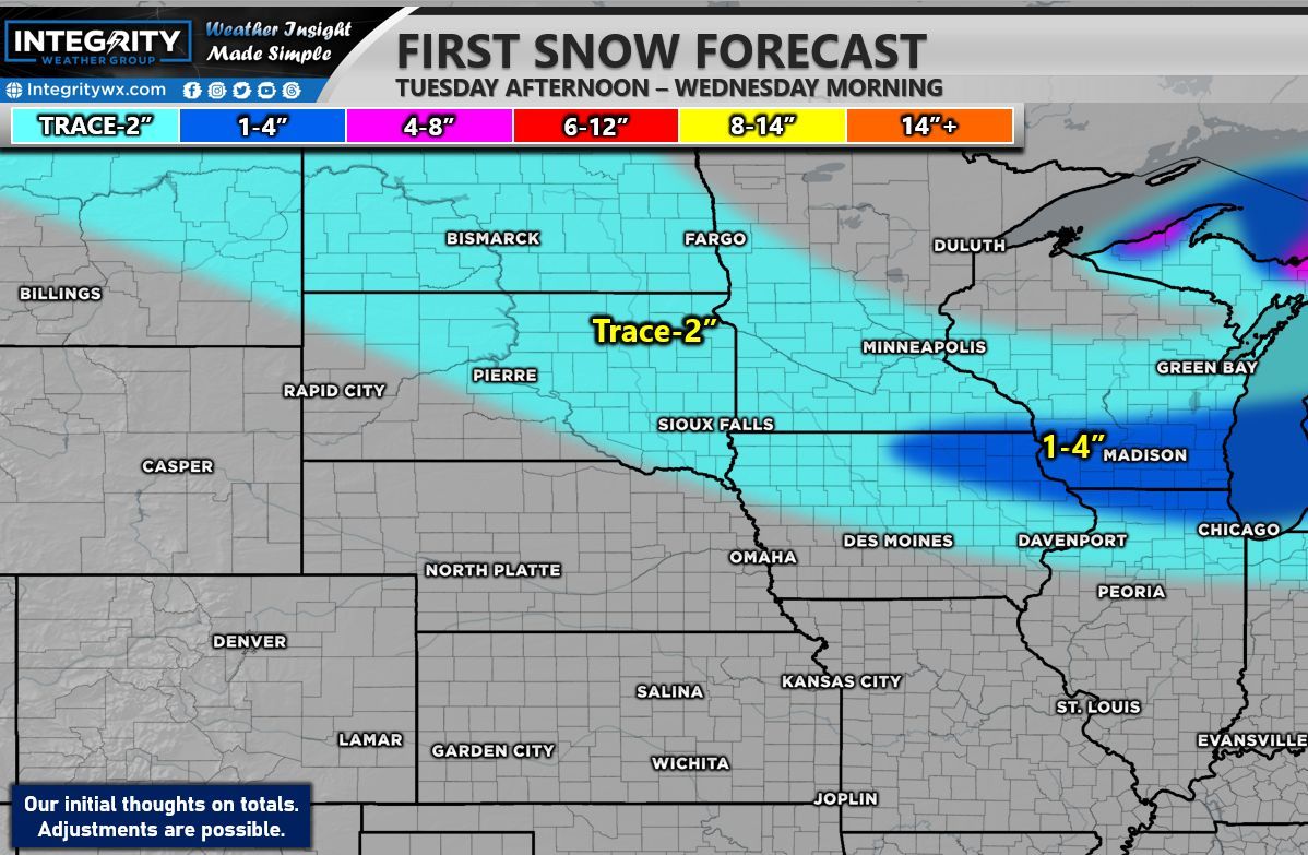 Clipper System for Tuesday, January 20th –

An area of low pressure will move in from the northwest once Tuesday morning hits with snow increasing out west, then moving into Iowa by the afternoon into the evening.

Cold surface temperatures with snow ratios closer to 20:1 will
