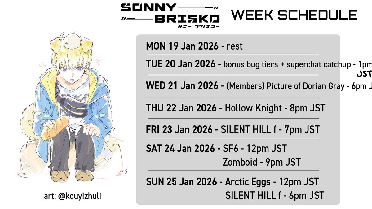 sonny_brisko's tweet photo. SCHEDULE THIS WEEK🥖

//hashtags
General: #SonnyBrisko
Live: #SonnyLive
Art: #Briskart
NSFW: #FriskyBrisky
Meme: #FunnyBrisko
Thumbnail: #Thumbjail
Clip tag: #Brisklips
Assets/Props: #Sonnsets

Art by @/kouyizhuli https://t.co/wzT03j3qIB