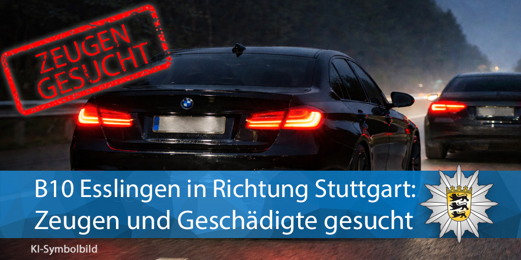Seid Ihr Zeugen oder Geschädigte❓

#B10 Anschluss #Esslingen Stadtmitte Richtung #Stuttgart

🚗 Ein schwarzer BMW soll gestern gegen 20:45 mehrfach andere u.a. durch aggressive Fahrweise gefährdet haben.

🫸 Kollegen stoppten ihn in #BadCannstatt 

ℹ️ presseportal.de/blaulicht/pm/1…