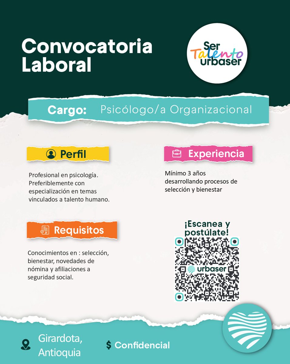 UrbaserCOL's tweet photo. 🌱 ¿Eres Psicólogo/a Organizacional y buscas un nuevo reto?
Buscamos una persona con experiencia en selección y bienestar que quiera crecer en una empresa sostenible.

📍 Girardota, Antioquia
💼 +3 años de experiencia

👉 Postúlate aquí https://t.co/CGhXkzUiY7 https://t.co/HB5R5BXNZH