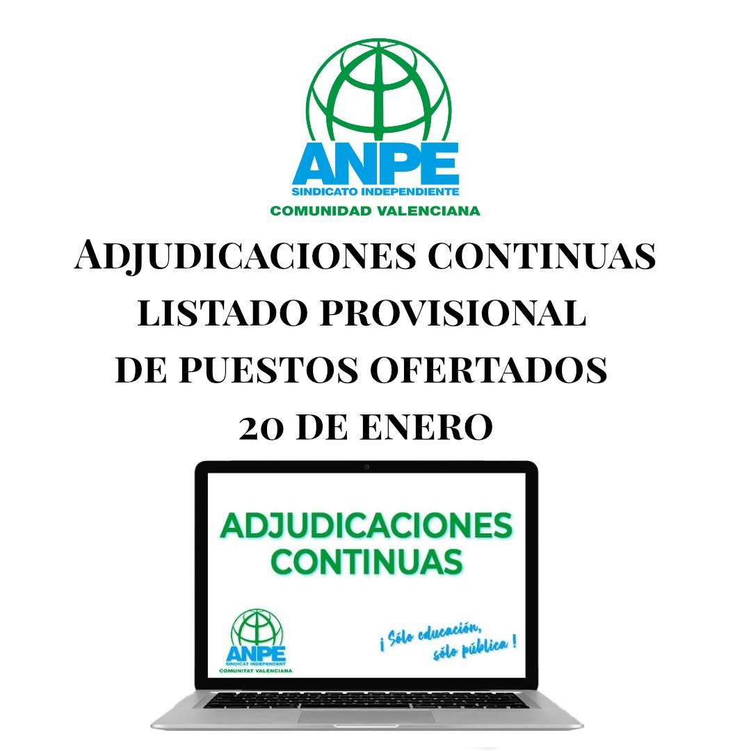 Listado provisional de puestos ofertados para la adjudicación continua del 20 de enero de 2026.

📋 Enlace al listado en PDF:
ceice.gva.es/documents/1629…

🖥 Petición Telemática:
ceice.gva.es/web/rrhh-educa…

_ANPE #DocentesComoTú #SindicatoIndependiente #SóloDeEnseñanzaPública_