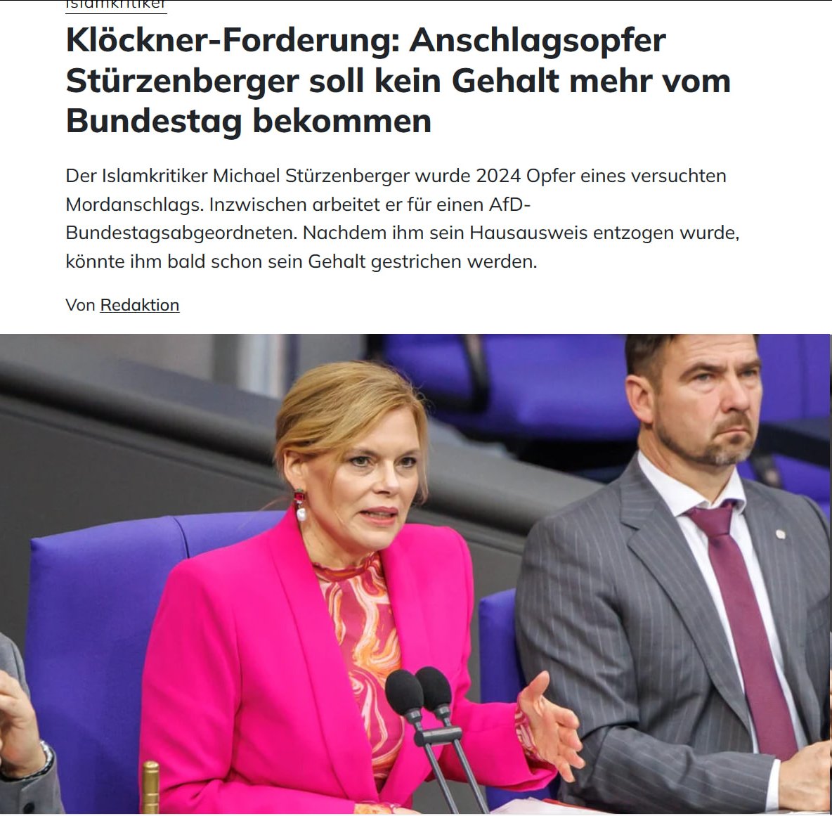 EvaHermanEx_ARD's tweet image. Ach, die hübsche, nette Frau Klöckner von der CDU sagt das? Kaum zu glauben ...‼️ Klöckner-Forderung: Anschlagsopfer Stürzenberger soll kein Gehalt mehr vom Bundestag bekommen
"Sieben Mitarbeiter der AfD im Bundestag sollen bald nicht mehr vom Parlament bezahlt werden – fordert…