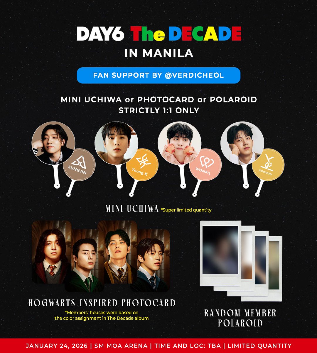 🍀DAY6 THE DECADE IN MANILA🍀
✨Fan support by <a href="/verdicheol/">BRUK✨The Decade in MNL</a>✨

🔴Strictly 1:1 (very limited quantity)
🟢Can trade but limited slots
🟡Likes and RT are appreciated
🔵Time &amp; Loc: TBA
❌No mobbing please

See you, MyDays!

#The_DECADE_MANILA #TheDECADEinManila #DAY6inManila