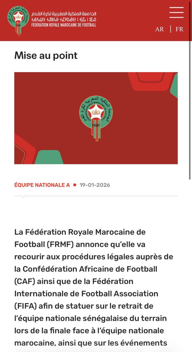 AS_AGabilondo's tweet image. OFICIAL: comunicado de la federación de Marruecos en la que anuncia acciones legales contra CAF y FIFA por el amago de retirada de Senegal, lo que perjudicó sus intereses a la hora de lanzar el penalti de Brahim. Se vienen curvas, señores. #AFCON2025 #CAN2025