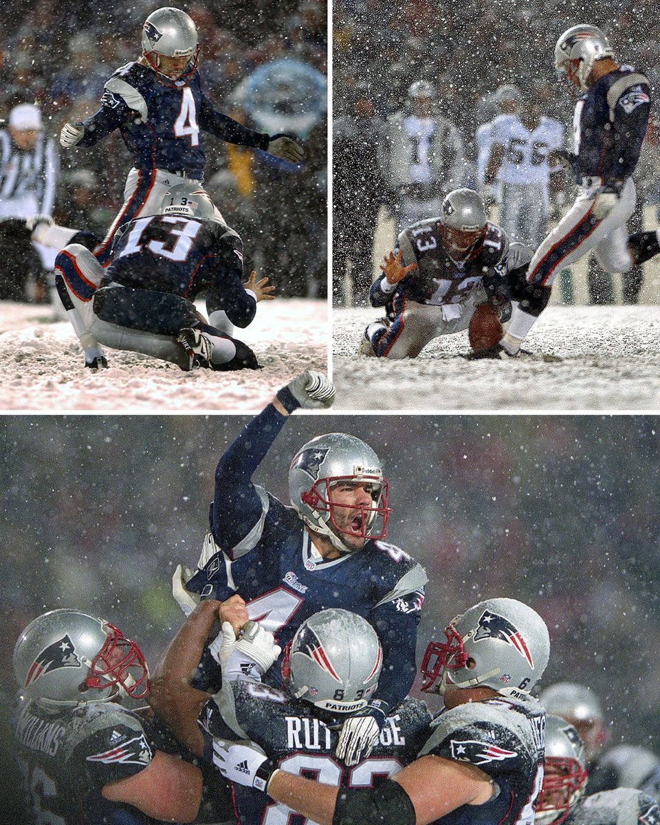 ESPNInsights's tweet image. On this day in 2002, the Patriots beat the Raiders in a snowy AFC divisional round game as Adam Vinatieri kicked the game-winning field goal 👏