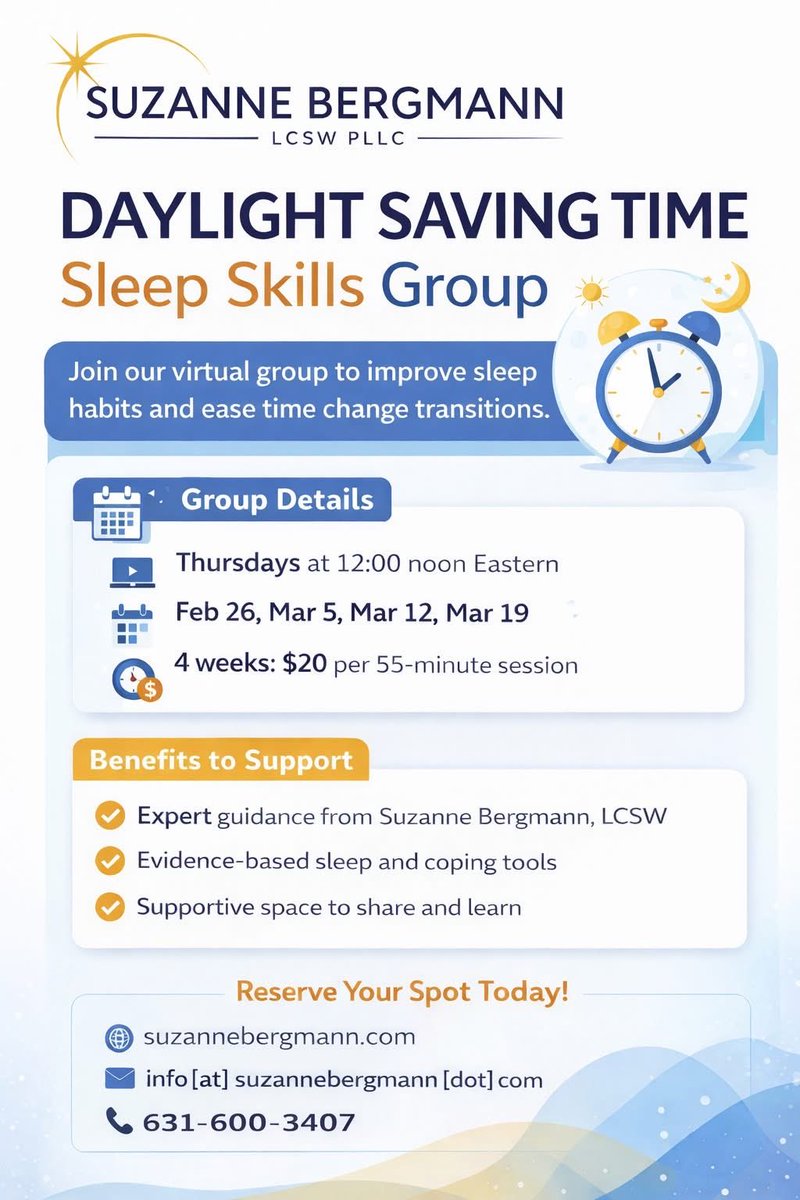 BergmannLCSW's tweet photo. Sleep skills group for better adjustment to time changes coming soon! https://t.co/qk7gVAe8eJ