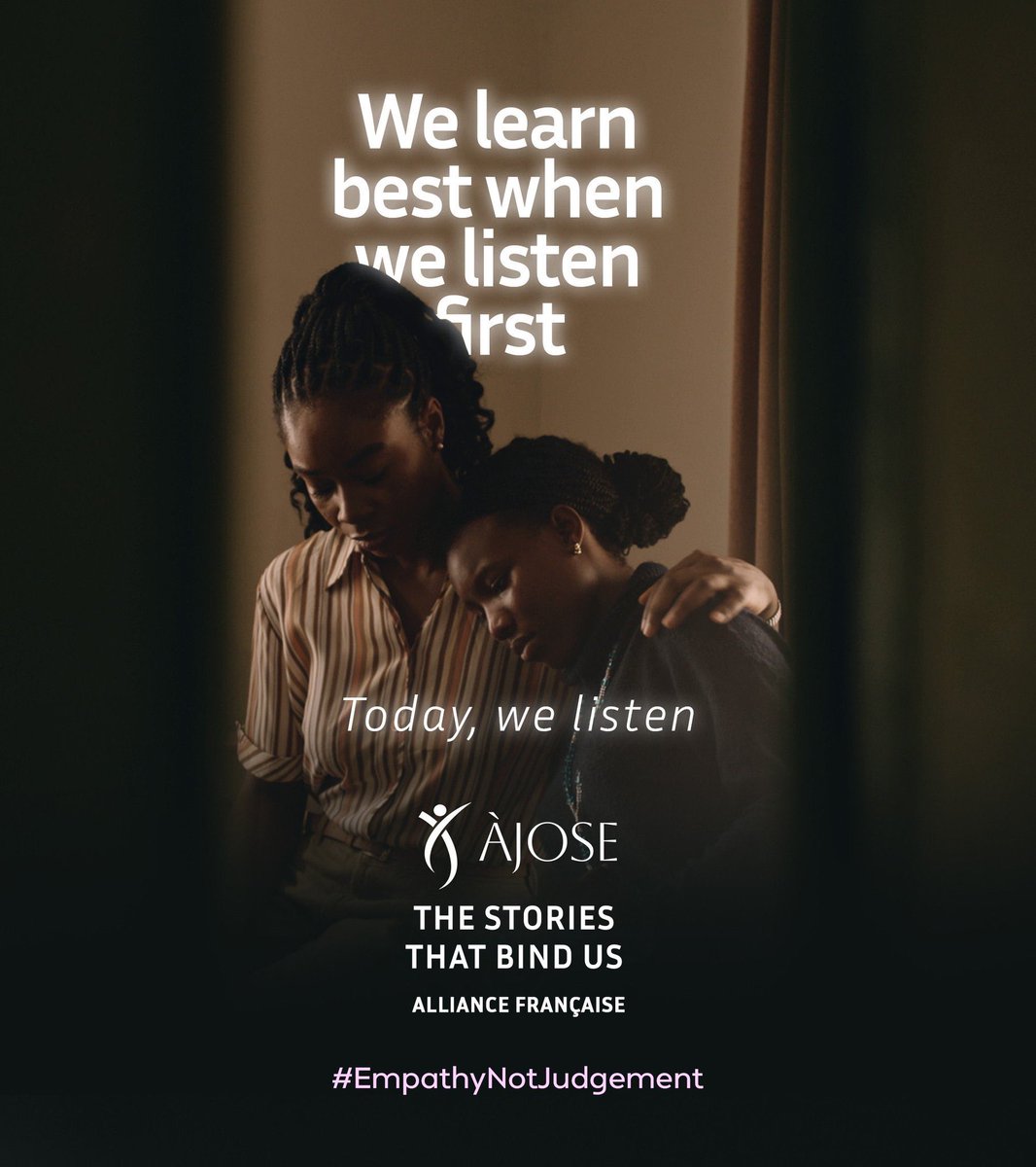 Today, we are listening.❤️

Join us at Àjose: The Stories That Bind Us 
Venue: Alliance française, Ikoyi from 2PM. 

PS: All screenings will begin promptly, so we kindly encourage everyone to arrive on time.

“We listen best when we listen first”.

#EmpathyNotJudgement