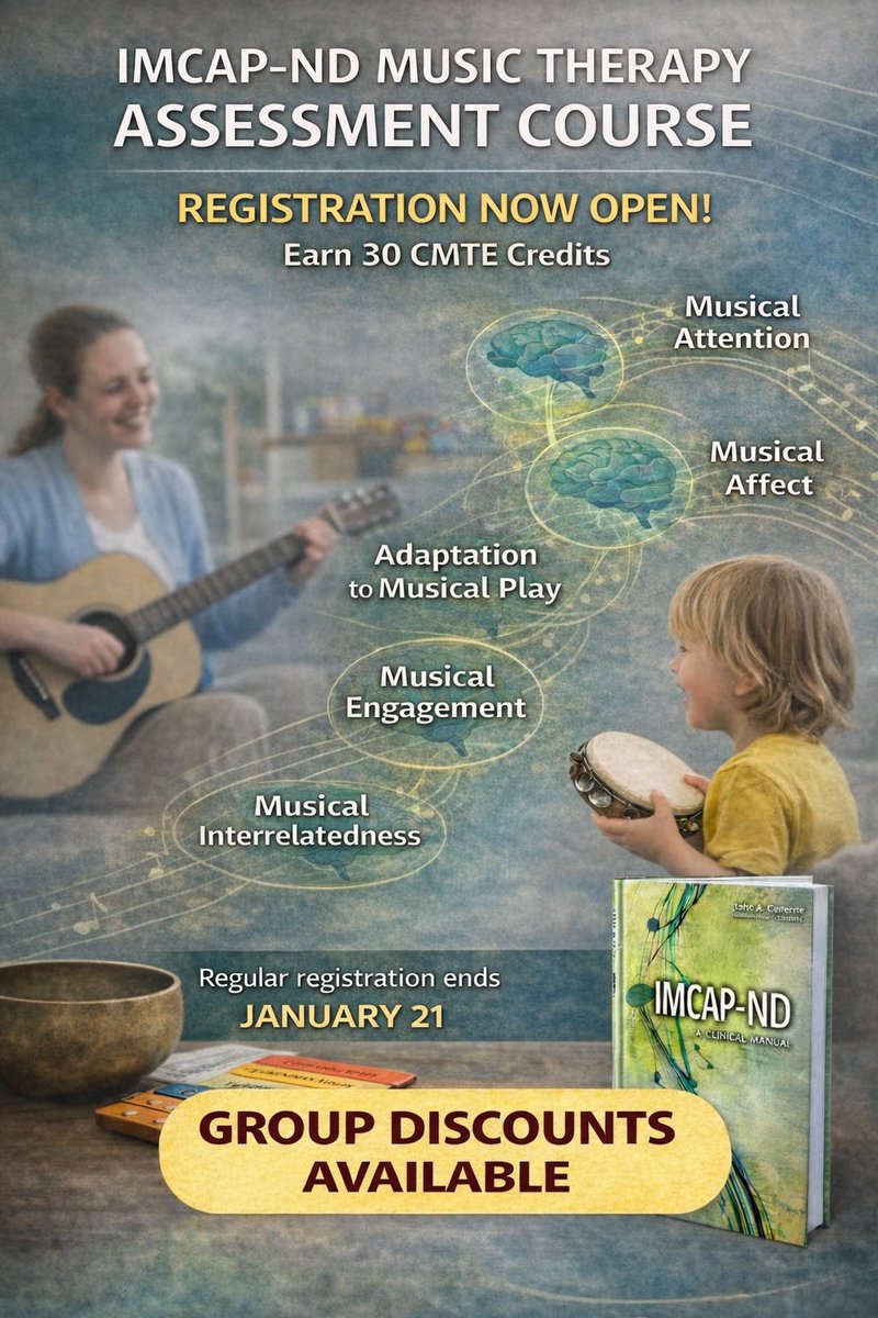 IMCAP ND Music Therapy Assessment Course
⏳ Regular rate ends Jan 21
🎓 30 CMTE credits
🔁 Hybrid course
👥 Group discounts

#MusicTherapy #IMCAPND #CMTE