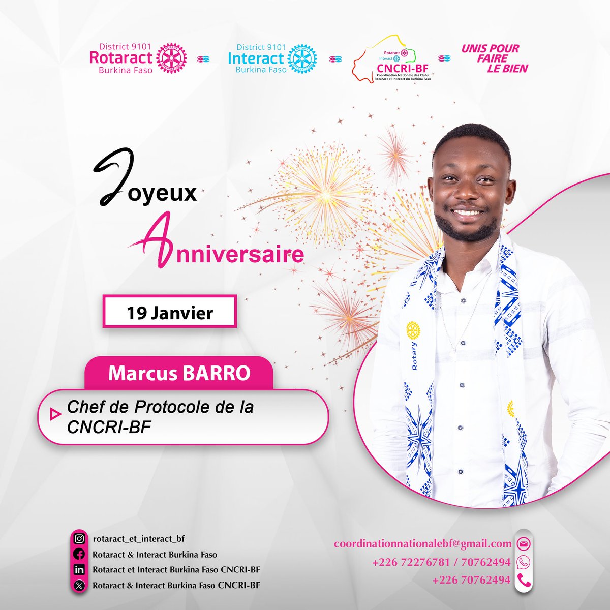 CoordinationBF's tweet photo. Joyeux Anniversaire Marcus 🎂

Cher ami chef de protocole,
Nous te souhaitons nos meilleurs vœux en ce jour spécial pour toi.
Merci pour ton engagement quotidien et l'énorme service que tu rends au Rotaract Burkina Faso au quotidien.

Encore joyeux anniversaire 🎊 https://t.co/Vp5N2iW0vj