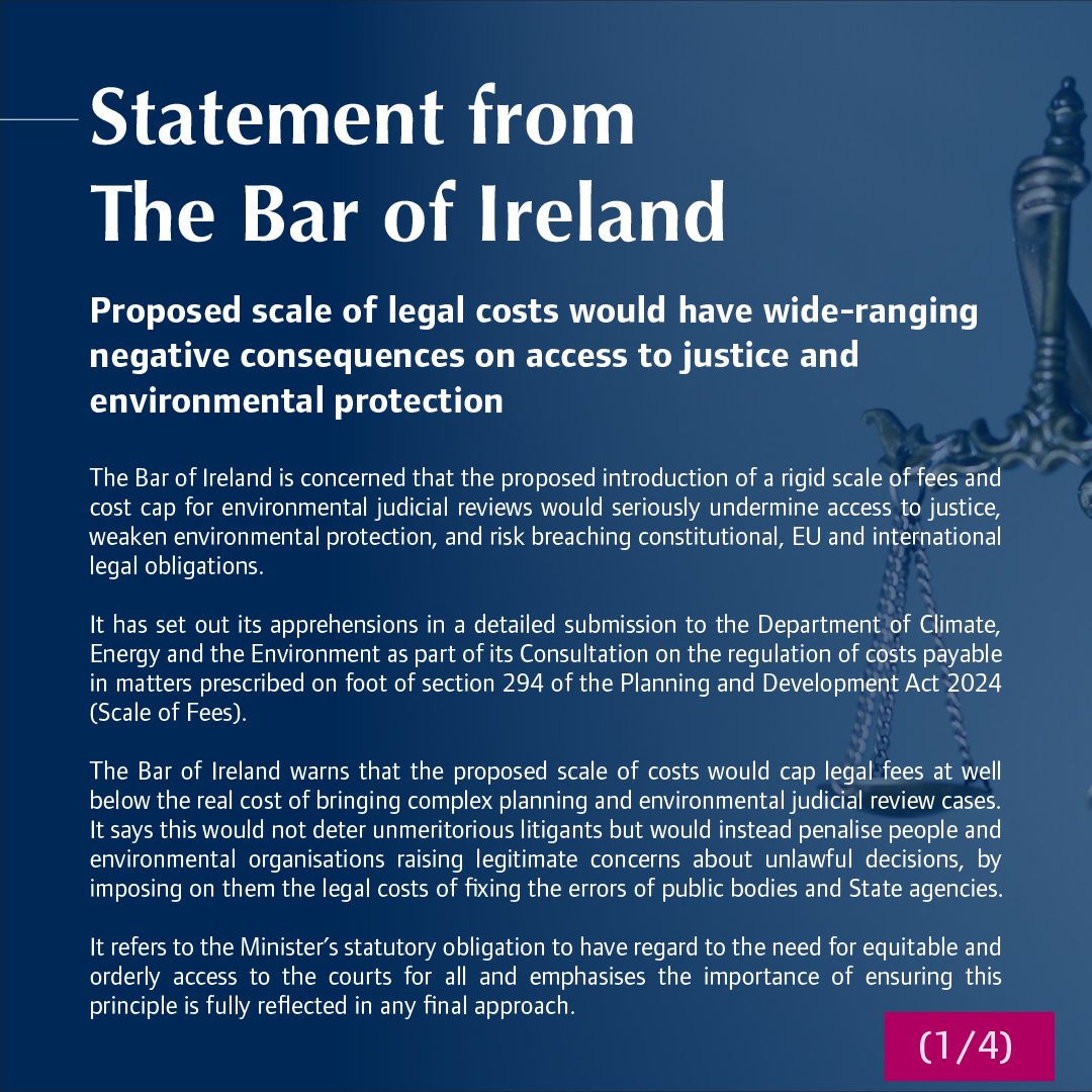 TheBarofIreland's tweet photo. Statement from The Bar of Ireland: Proposed scale of legal costs would have wide-ranging negative consequences on access to justice and environmental protection

➡️ Read our statement in full: https://t.co/dLx5eDuyCR https://t.co/GRLleDZNwk
