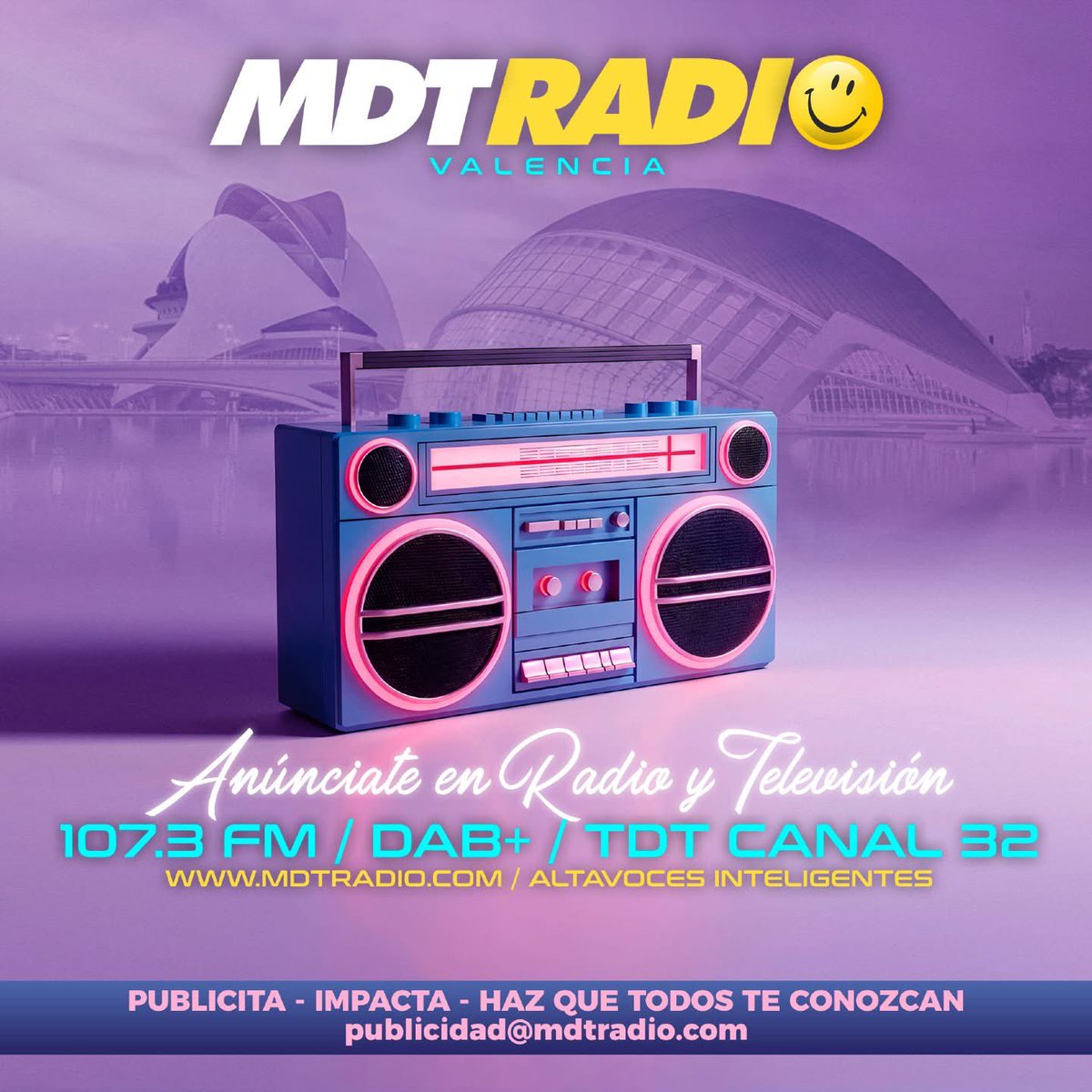 mdtradio's tweet photo. En @mdtradio Vlc te ofrecemos espacios publicitarios hechos a tu medida para que tu mensaje destaque.

👉 Radio - 107.3 Fm 
👉 Radio - DAB+
👉 Tv - Canal 32 TDT
✔️ Spots comerciales
✔️ Promociones especiales
✔️ Paquetes mensuales para empresas

📩 Más info publicidad@mdtradio.com https://t.co/GTmMBjILLc