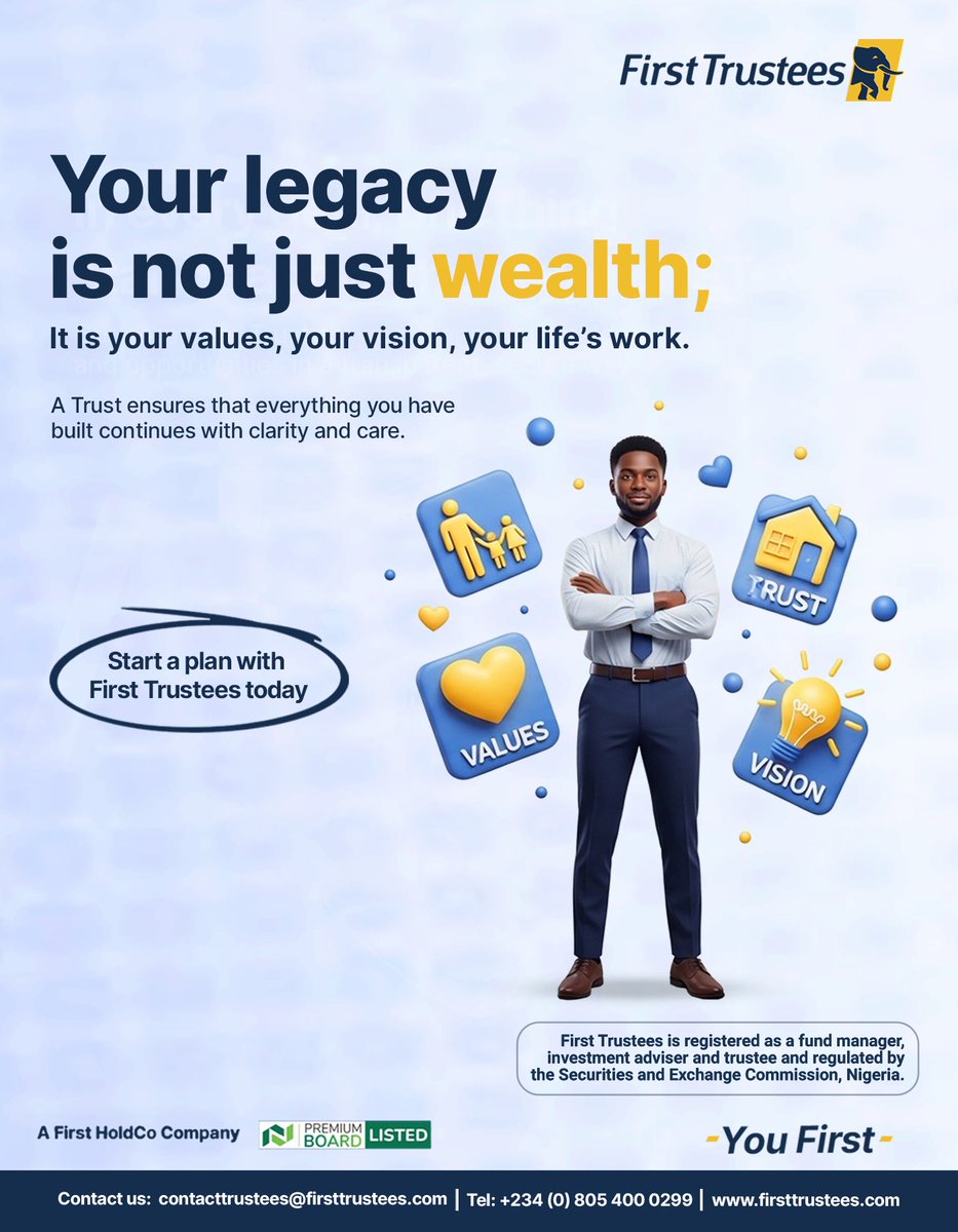 FirstTrustees's tweet image. With a Trust, your life’s work, values, and vision stay secure for generations.
Plan with purpose. Protect with clarity. 

First Trustees is registered as a fund manager, investment advisor and trustees and regulated by the Securities and Exchange Commission, Nigeria.…