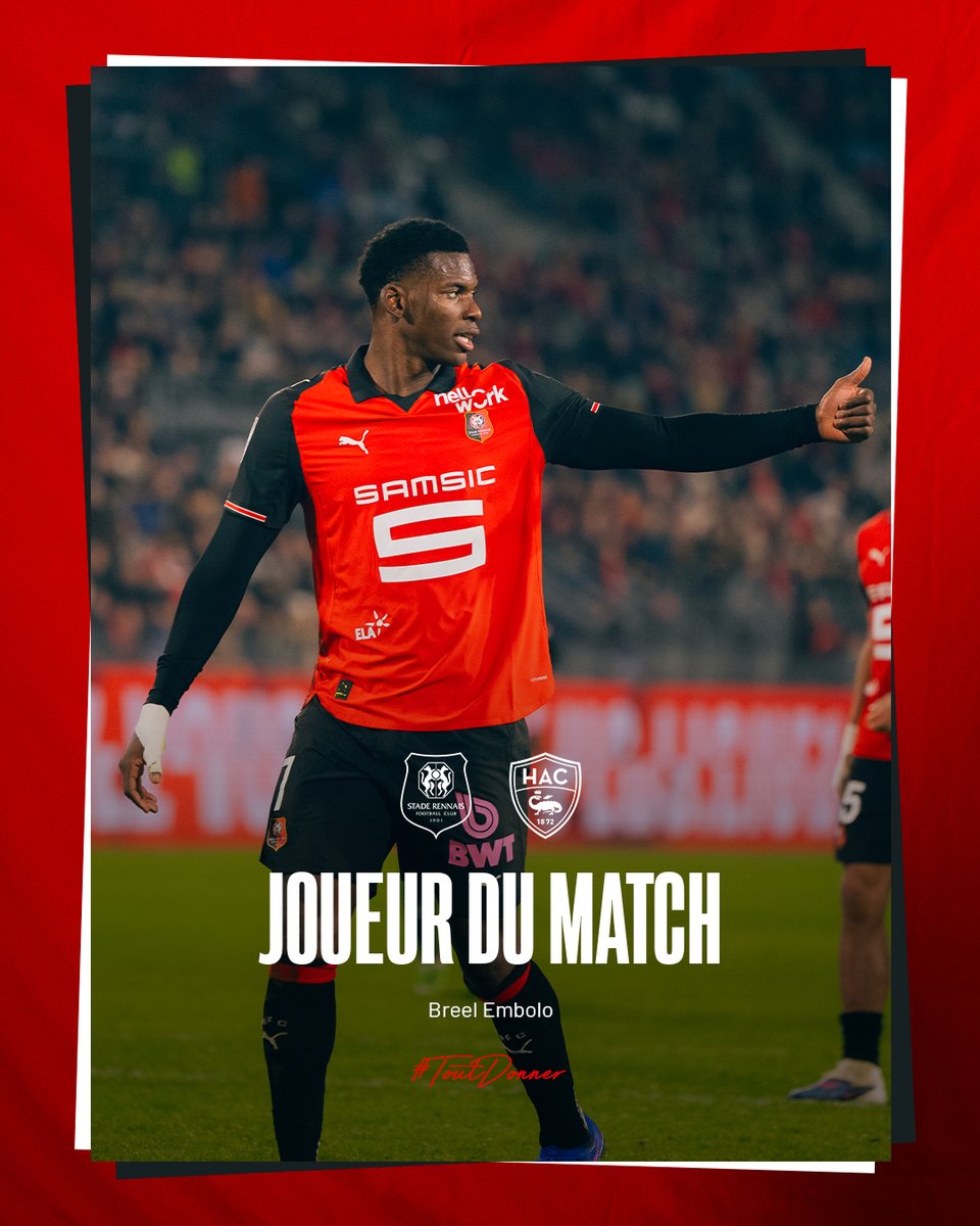 staderennais's tweet photo. Combatif et entreprenant, particulièrement précieux dos au jeu et dans les airs, Breel Embolo a conclu la rencontre face au Havre avec un but bienvenu. 

L'attaquant est logiquement élu Rennais du match par le public Rouge et Noir 🗳️ 

#SRFCHAC 1-1 https://t.co/v4tAe4dL1L