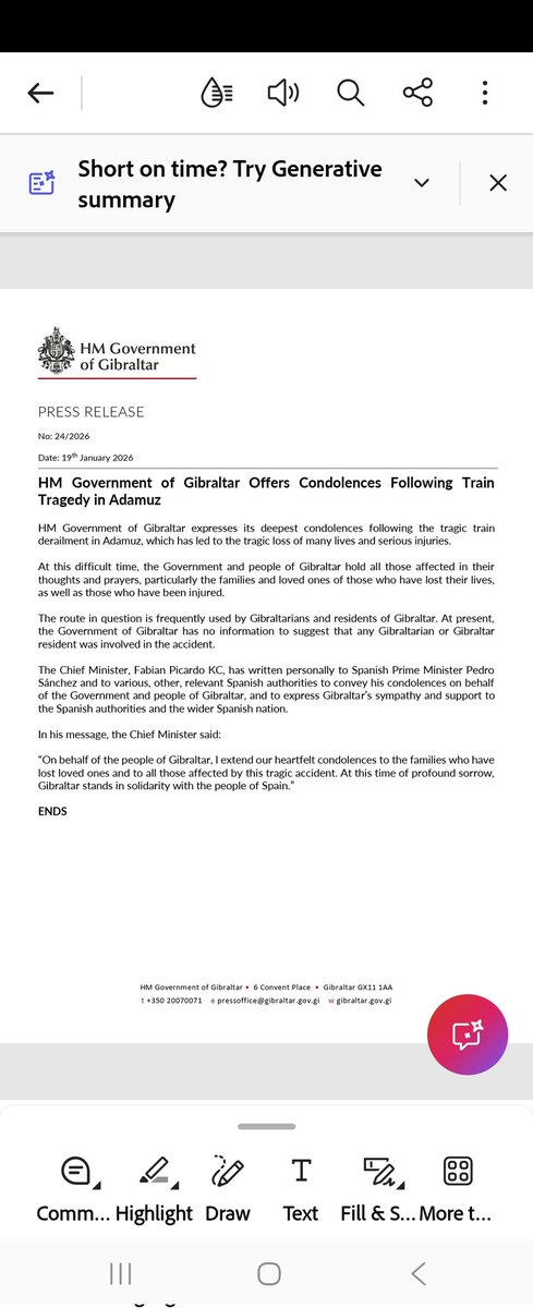 The tragic train crash in Spain is on a line frequently used by Gibraltarians.  Our most sincere condolences to the Spanish people.  I have written to all relevant Spanish authorities expressing those condolences on behalf of Gibraltar and its people.  Our thoughts are with those