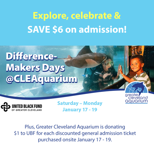 Visit us on MLK Day,  10am - 5pm. Enjoy $6 off #cleaquarium general admission while learning about STEM trailblazers—plus we're donating $1 per guest to United Black Fund. Details: greaterclevelandaquarium.com/event/ubf-diff…